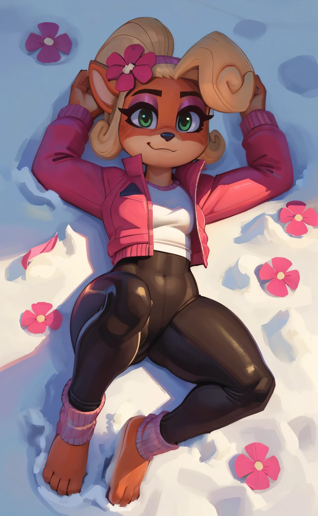 [Coco bandicoot], [Uploaded to e621.net; (Pixelsketcher), (wamudraws)], ((masterpiece)), ((HD)), ((solo portrait)), ((full body)), ((bird's-eye view)), ((furry; anthro)), ((detailed fur)), ((detailed shading)), ((beautiful render art)), ((feet visible)), ((intricate details)), {anthro; orange fur, black nose, (cute green eyes), (short eyelashes), (pink eyeshadow), blonde curly hair, curly ponytail, (curvy hips), (beautiful legs), (beautiful feet), (blushing), (cute smirk)}, {(white shirt), (pink winter jacket), (tight black spandex yoga pants pink lines), (white socks), (pink flower on head)}, {(on snow), (laying on back), (legs spread open), (looking at viewer)}, [background; (tropical forest), (snow), (beaten pathway), (blue sky), (cloudy)]