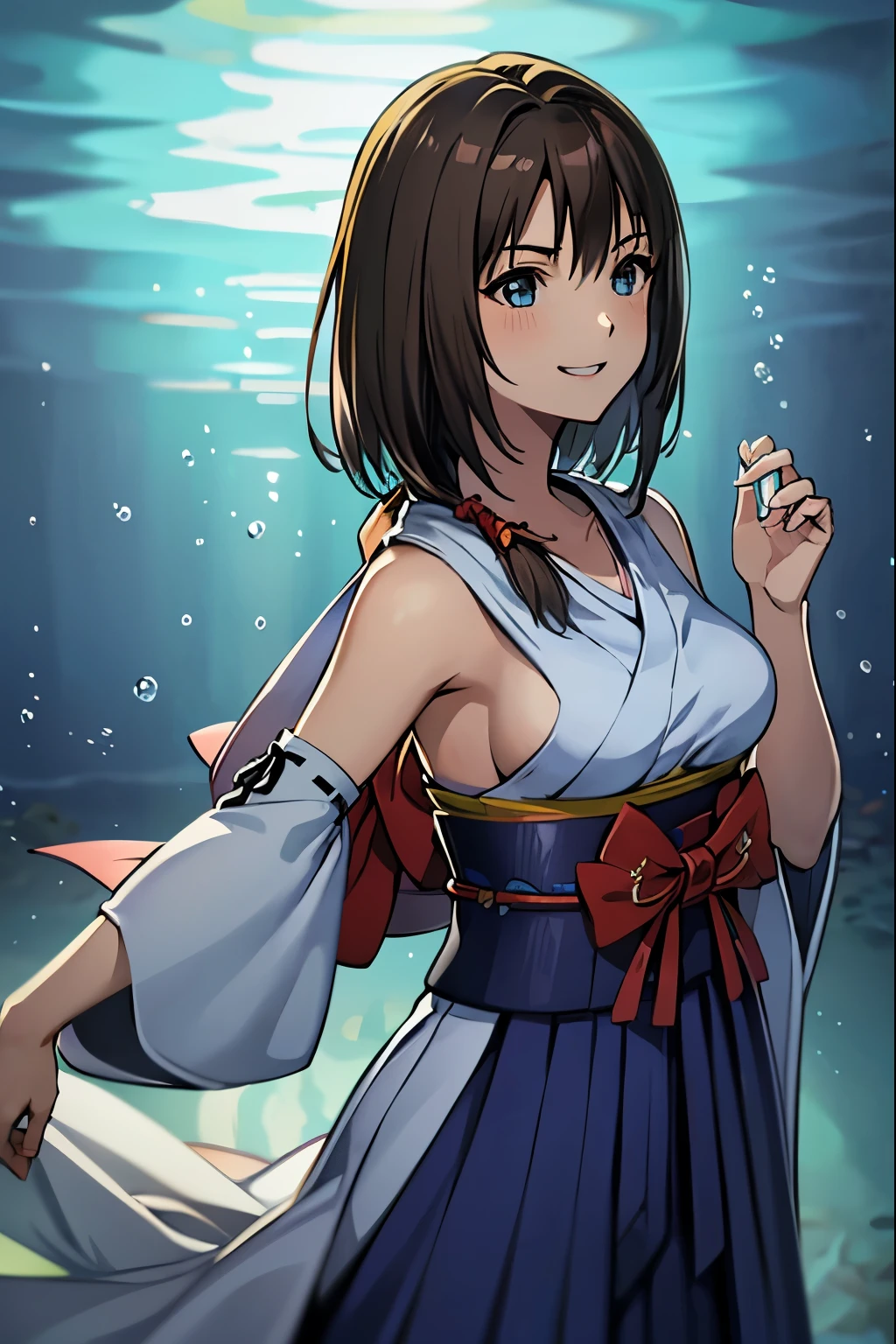 masuter piece, Best Quality, 超A high resolution, top-quality, Anime style, Best Lighting, Beautiful face, (Yuna from Final Fantasy), masutepiece, (1girll:1.3), (upper bod:1.3), Brown hair, A hyper-realistic, (Dark blue hakama:1.3), cammel toe, Super split, (The best smile:1.3), A hyper-realistic, photographrealistic, (1girl in), Battle pose, so sexy, Dark blue hakama, Graceful woman, dance, blushed face, (Background under the sea:1.3)