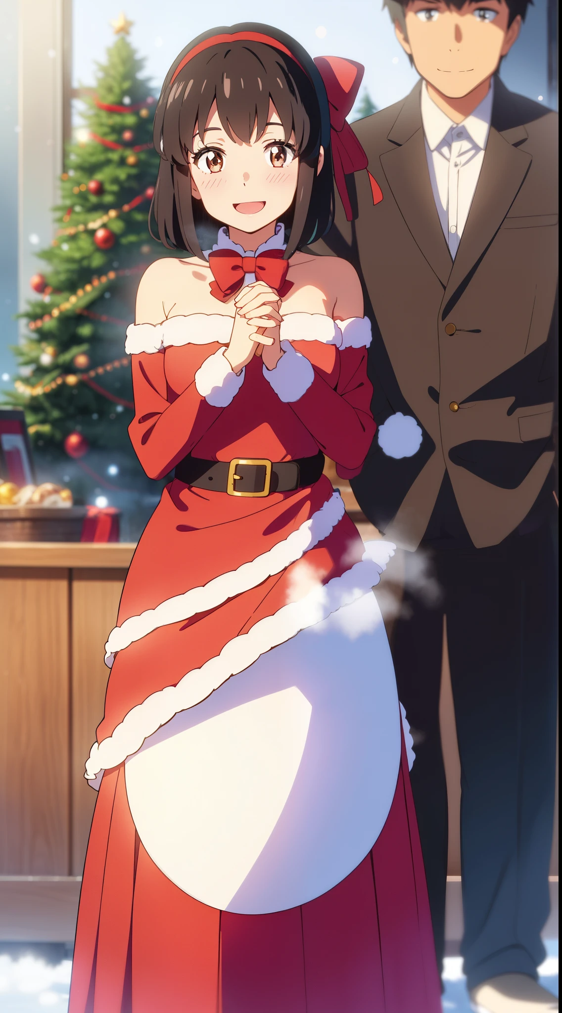 shinkai makoto, kimi no na wa., 1girl, 1boy, bangs, black hair, blush, bright eyes, brown eyes, looking at the viewer, red bow, red headband, red ribbon, short hair, indoors, shiny skin, smile, cute, open mouth, love, couple, adorable, happy, beautiful, parfect anatomy, perfect hands, Christmas tree, Santa Claus costume, Sweet face, red christmas dresses, Against the background of winter scenery, perfect hands, snow, steam, dating, (holding hands)