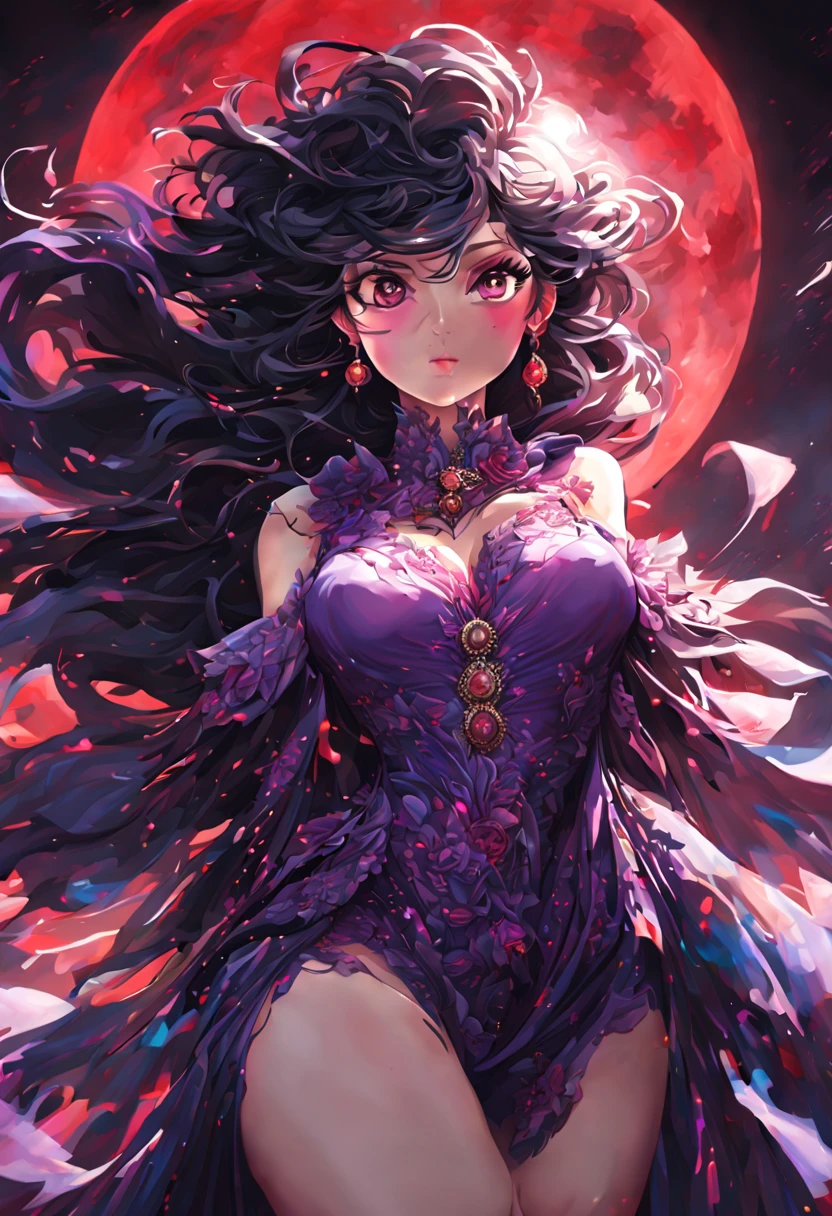 (​masterpiece, top-quality , top-quality ,Extreme details, highest detailed, Beautifully Aesthetic:1.2), colorful , perfect body, 1woman, noble lady, a mature female, Detailed skin , Detailed eyes , medium breast, tick thighs, illuminated by the moonlight, highly contrast, explosion of ink strokes, over exposure, purple and red tone impression, Abstract, Cinematic lighting