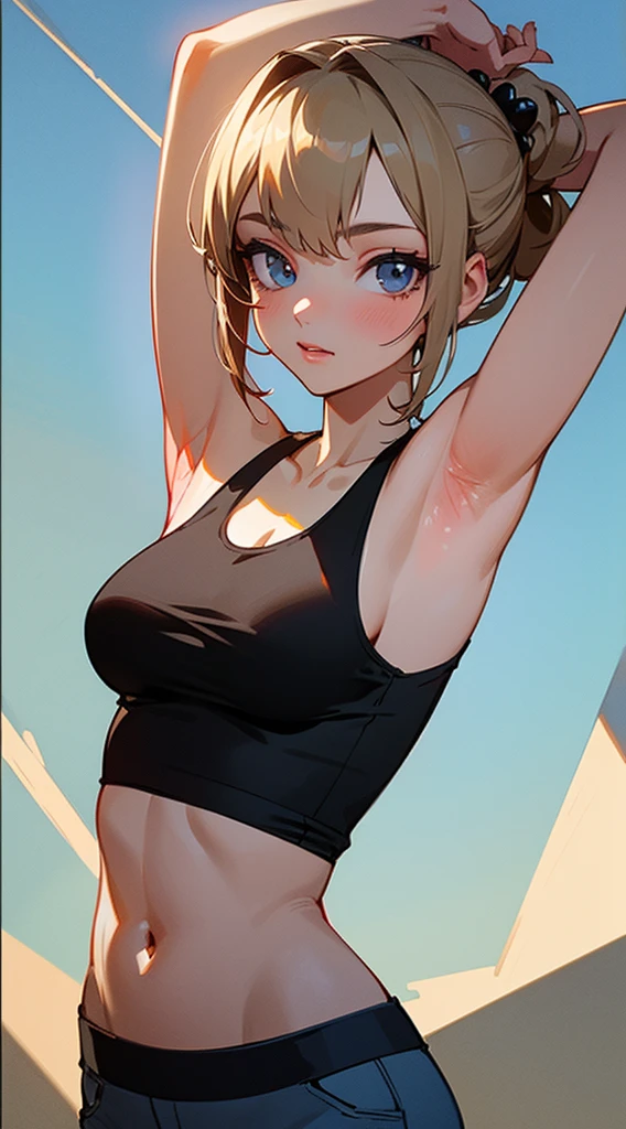 ((Best quality, 8k, Masterpiece :1.3)), 1girl, Pretty woman with emphasizing slender abs :1.3, (random hairstyles :1.2), Oversized tank top :1.2, Ultra-detailed face, Detailed eyes, Double eyelid, armpit