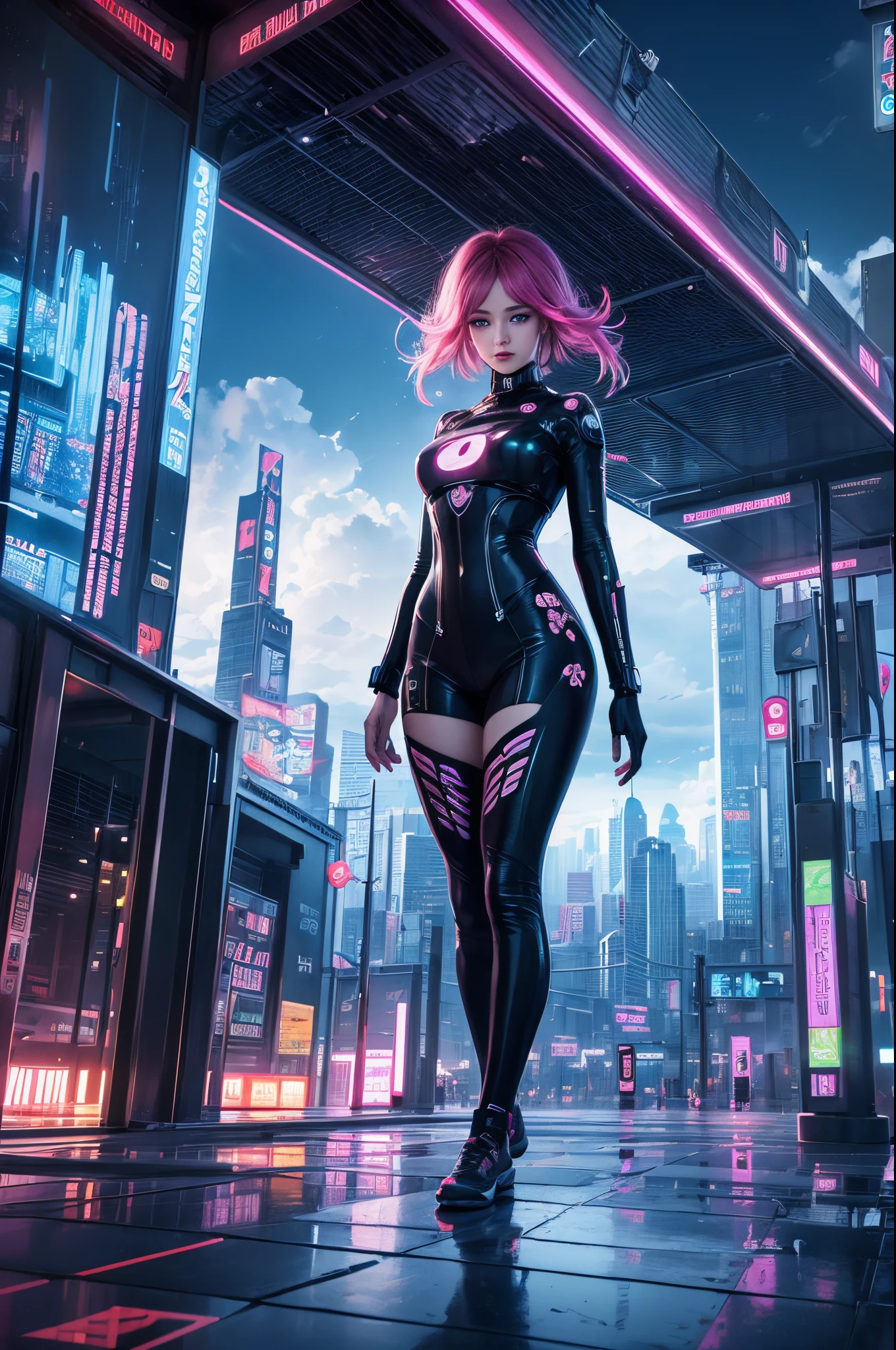 "Digital illustration, ((modern girl)), harp fusion with technology, pavilion in a futuristic landscape, ((clouds reflecting city lights)), vibrant flowers, cyberpunk fantasy, cutting-edge artistry"