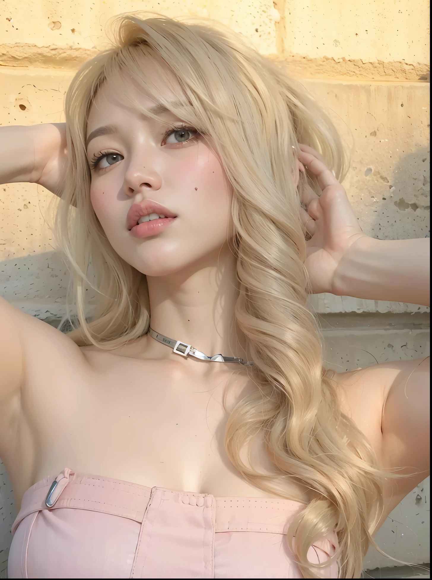 mulher loira com cabelos longos posando em frente a um muro de pedra, Lalisa Manobal, Parque Roseanne do Blackpink, Sakimichan, Ulzzang, Heonhwa Choe, Lalisa Manoban do Blackpink, linda Delphine, Dom Yunjoo, Shikami, O corte Hime, uma menina com cabelo loiro, Ana Takamaki