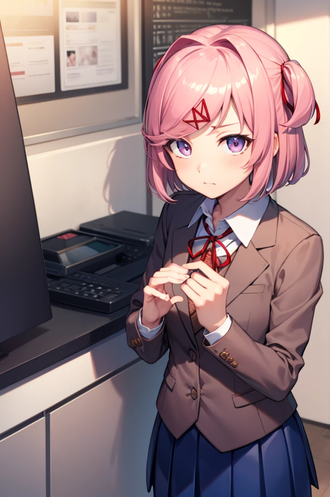 ddlcnatsuki, ddlcnatsuki, fang, hair ornament, pink hair, (purple eyes:1.1), short hair, short sidetail, swept bangs, x hair ornament,
BREAK blazer, blue skirt, brown jacket, collared shirt, jacket, long sleeves, miniskirt, neck ribbon, pleated skirt, red ribbon, ribbon, school uniform, shirt, skirt, swept bangs, vest, white shirt, wing collar, x hair ornament,
BREAK looking at viewer,
BREAK indoors, classroom,
BREAK (masterpiece:1.2), best quality, high resolution, unity 8k wallpaper, (illustration:0.8), (beautiful detailed eyes:1.6), extremely detailed face, perfect lighting, extremely detailed CG, (perfect hands, perfect anatomy),