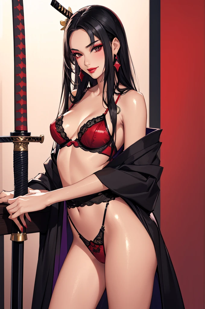 1girl,a beautiful fashion model ,(masterpiece, detailed background, best quality),long and shiny hair, black hair,smirk,juicy lips,red lips, lingerie, stripping, elegant makeup, exhibitionism, thot, slutty makeup, PersonukikoAmagi, katana, open kimono