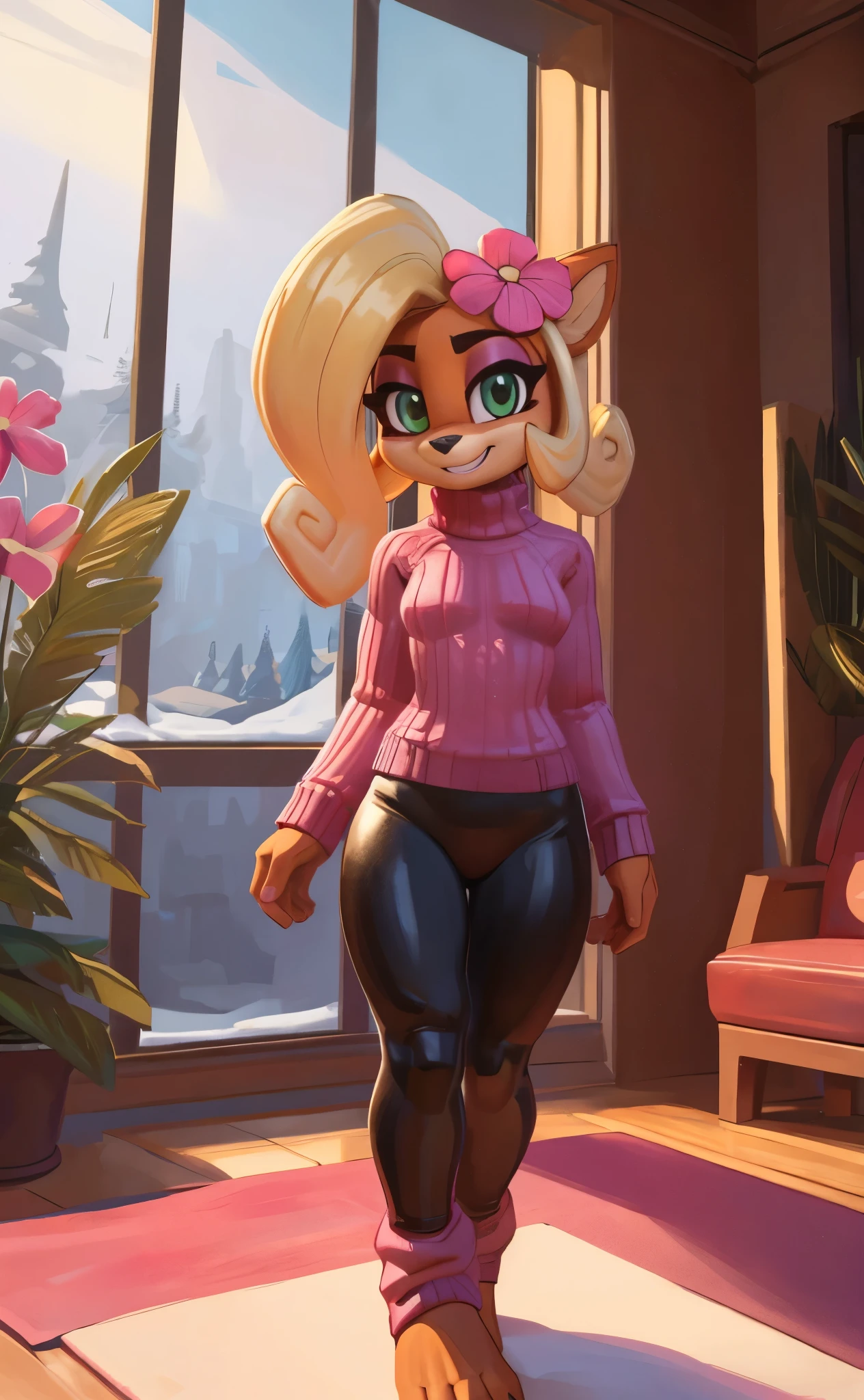 [Coco bandicoot], [Uploaded to e621.net; (Pixelsketcher), (wamudraws)], ((masterpiece)), ((HD)), ((solo portrait)), ((full body)), ((front view)), ((furry; anthro)), ((detailed fur)), ((detailed shading)), ((beautiful render art)), ((feet visible)), ((intricate details)), {anthro; orange fur, black nose, (cute green eyes), (short eyelashes), (pink eyeshadow), blonde curly hair, curly ponytail, (curvy hips), (beautiful legs), (beautiful feet), (blushing), (cute grin)}, {(pink turtleneck sweater), (tight black spandex yoga pants pink lines), (bell-bottom yoga pants), (leg warmers), (pink socks), (pink flower on head)}, {(on yoga mat), (standing), (looking at viewer)}, [background; (living room), (window), (tropical forest), (snow), (blue sky), (cloudy), (sun rays), (ambient lighting)]
