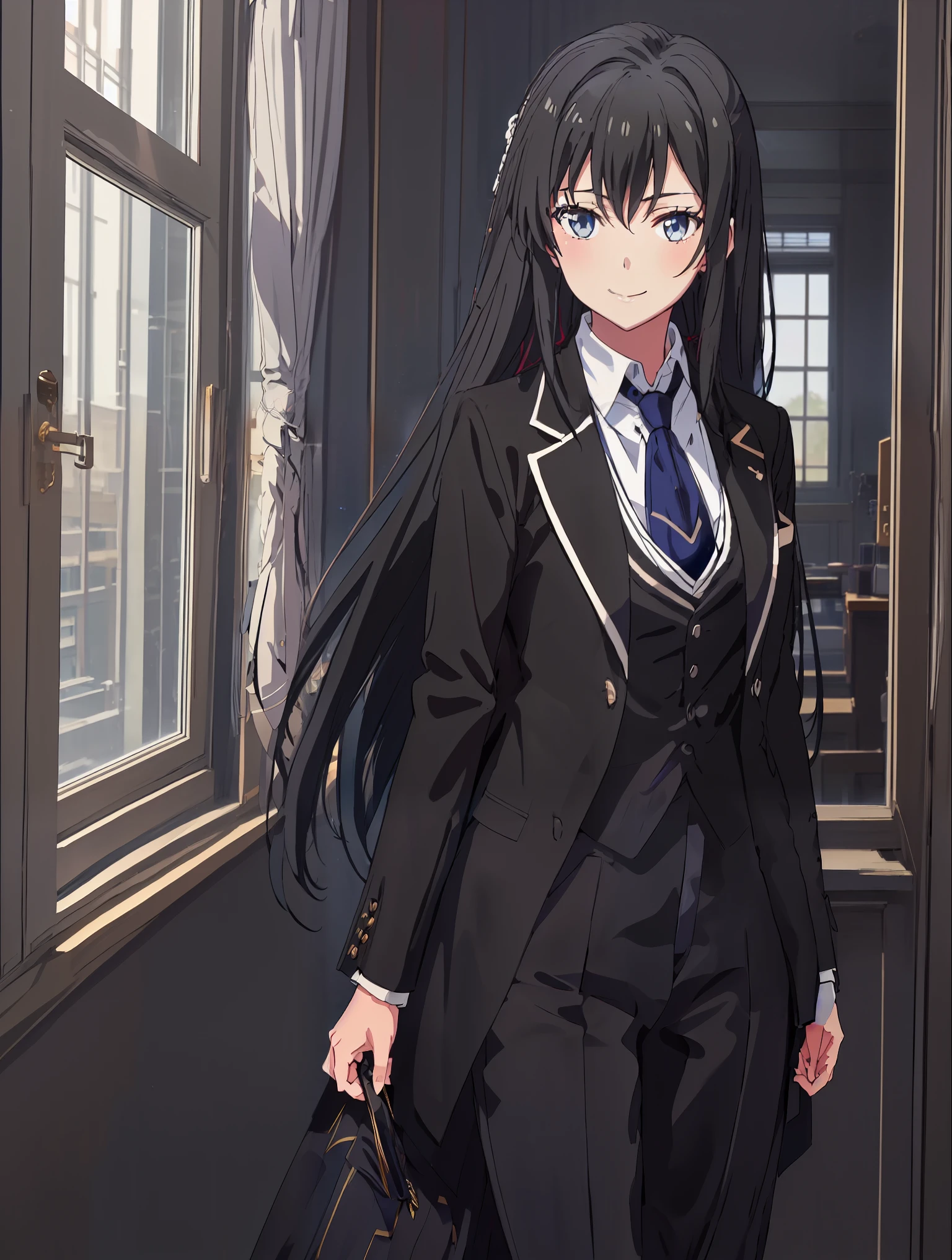 Yukinoshita yukino ,woman in formal attractive tailcoat standing in a large alcove in the room , 1girl, solo, blue necktie, black hair, blue eyes, long hair, smile , collared shirt, white pants, white shirt , tailored tailcoat elegant , standing in front of a window ,tailcoat tailored to perfection. Featuring striking Victorian theme and crafted from the lustrous fabric