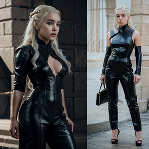 daenerys targaryen wearing black leather jumpsuit and stiletto heel shoes