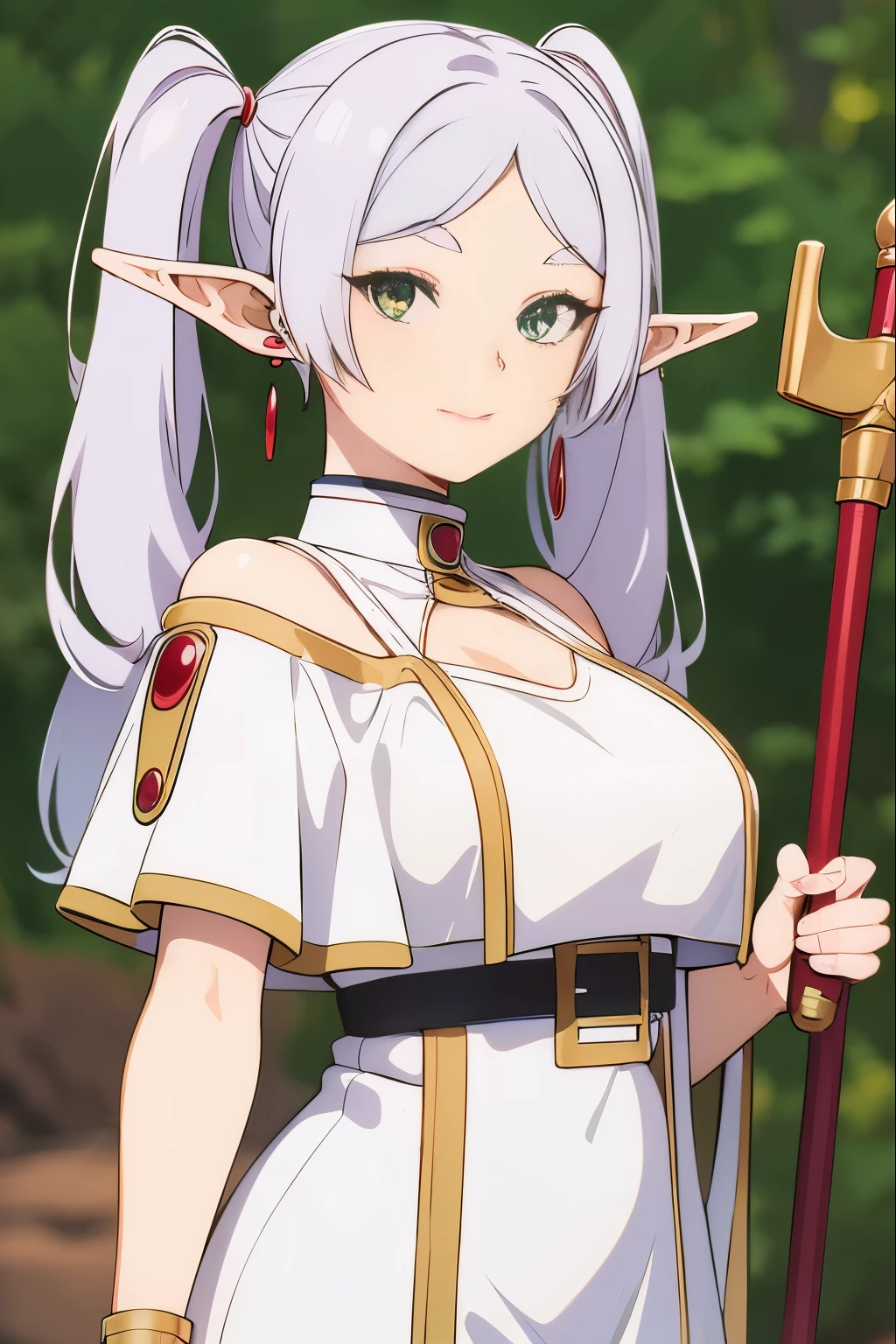 ((masterpiece)), (best quality), highres, ultra-detailed, absurdres,
frieren, 1girl, red earrings, elf, long hair, pointy ears, solo, twintails, green eyes, earrings, white hair, looking at viewer, white mage outfit, tight clothes, white cape, bare shoulders, sexy, white sleeves, standing, upper body, big boobs, light smile, side boobs, revealing outfit, perfect body, beautiful face, detailed face, beautiful eyes, detailed eyes, tight cloths, skimpy outfit, mage staff