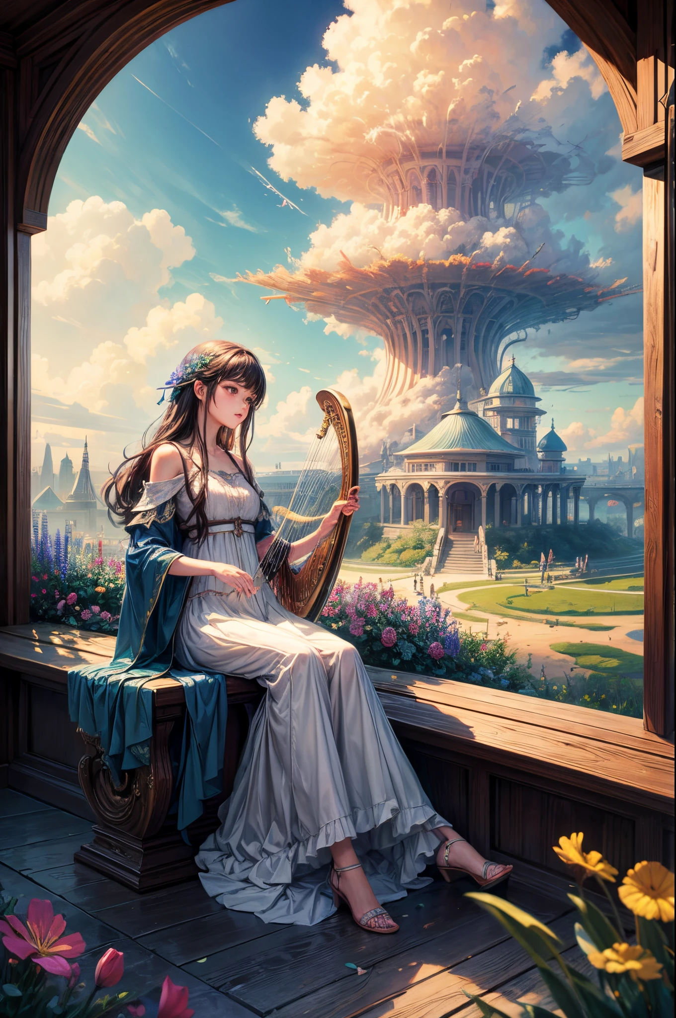 "Oil painting, ((mysterious girl)), harp notes in the air, pavilion surrounded by wildflowers, ((dramatic cloud formation)), rich palette, fantasy realm, magical aura"