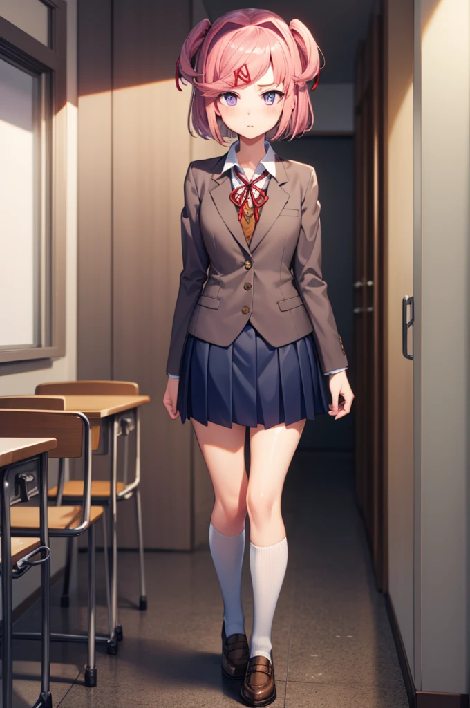 ((full body:1.4)), ddlcnatsuki, ddlcnatsuki, fang, hair ornament, pink hair, (purple eyes:1.1), short hair, short sidetail, swept bangs, x hair ornament, BREAK blazer, blue skirt, brown jacket, collared shirt, jacket, long sleeves, miniskirt, neck ribbon, pleated skirt, red ribbon, ribbon, school uniform, shirt, skirt, swept bangs, vest, white shirt, wing collar, x hair ornament, BREAK looking at viewer,
BREAK indoors, classroom, BREAK (masterpiece:1.2), best quality, high resolution, unity 8k wallpaper, (illustration:0.8), (beautiful detailed eyes:1.6), extremely detailed face, perfect lighting, extremely detailed CG, (perfect hands, perfect anatomy),