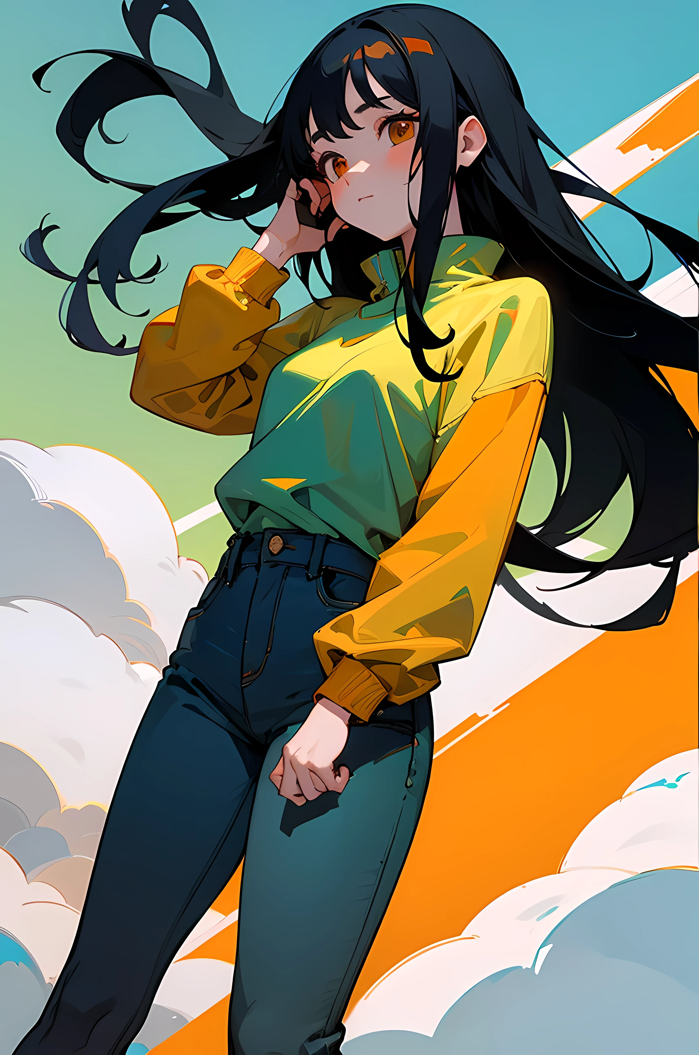 (8K Ultra High-Quality) (Masterpieces) 1 Girl, long Black hair, orange eyes color, wearing green Coast, wearing long Jean, Snow town background, playing phone, sunshine, cute face.