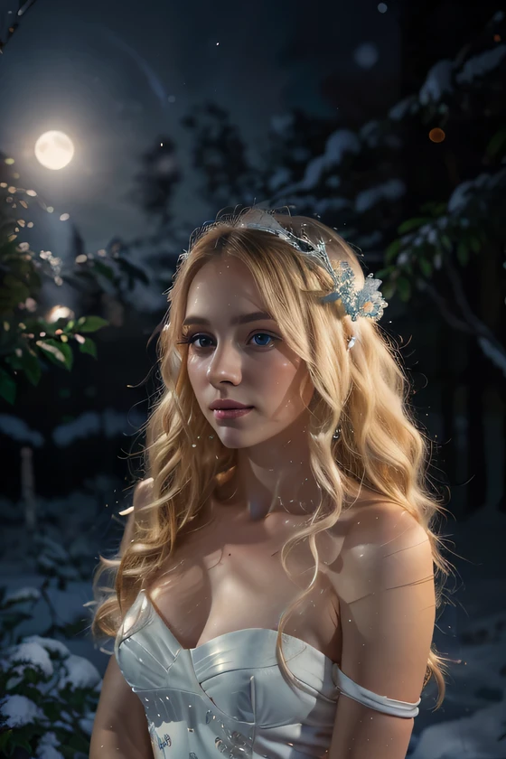 In the winter garden, the elegant blonde woman's curls catch the moonlight as she wears a sophisticated evening gown, its fabric shimmering like freshly fallen snow. The mesmerizing blue eyes gaze gracefully, mirroring the frost-kissed roses surrounding her. Twinkling lights create a magical ambiance. The medium shot, taken with a Fujifilm XT3 and Nikon D850 using film stock aesthetics, accentuates the girl's ethereal presence. The f1.6 lens captures every detail, and the ruddy skin adds a touch of warmth to the winter's chill.