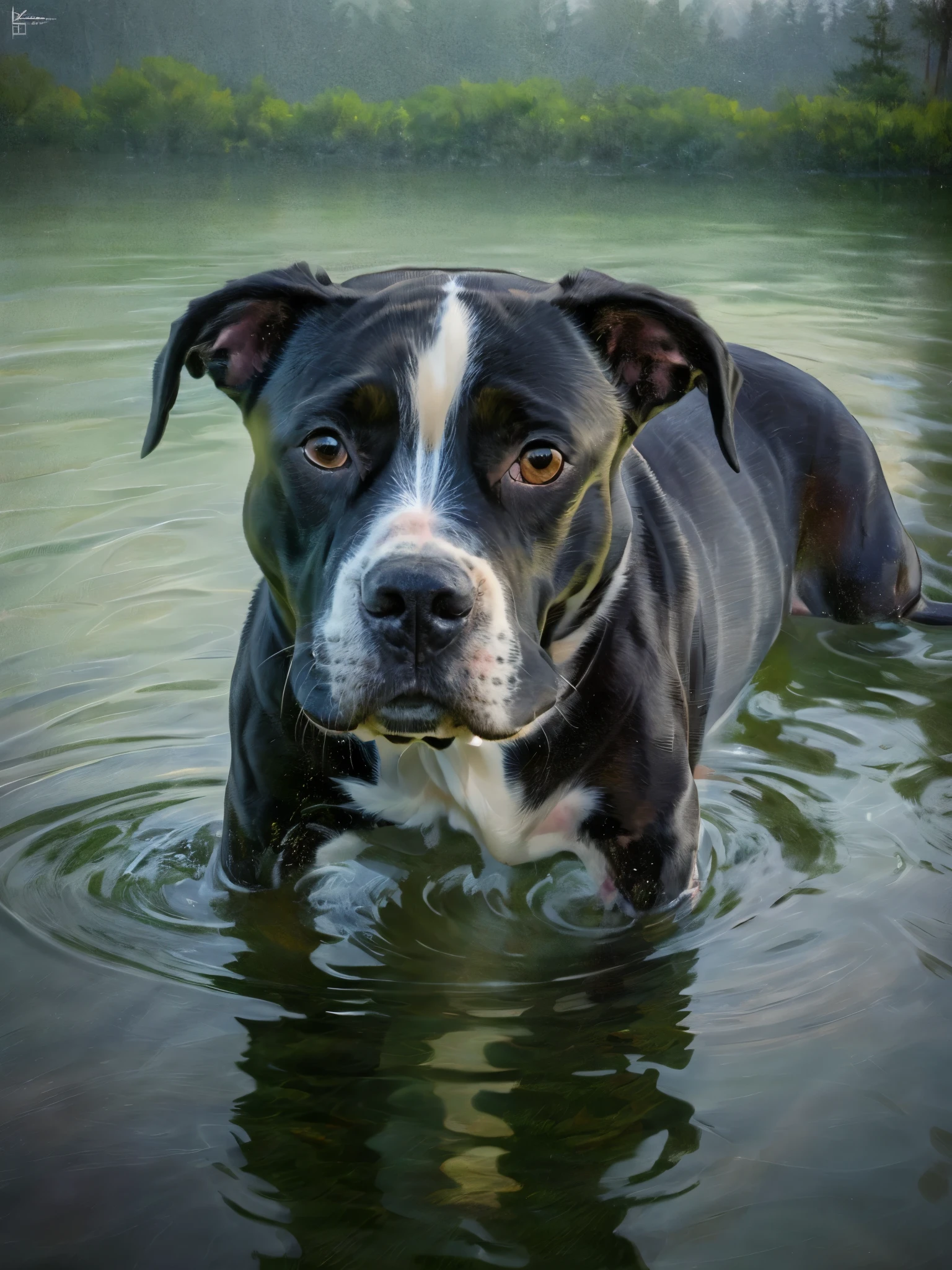 Photograph of a black and white pitbull terrier with puppy dog eyes dog paddling in the lake., depth of field, cinematic lighting, reflection light, UHD, masterpiece, anatomically correct, super detail, 8k