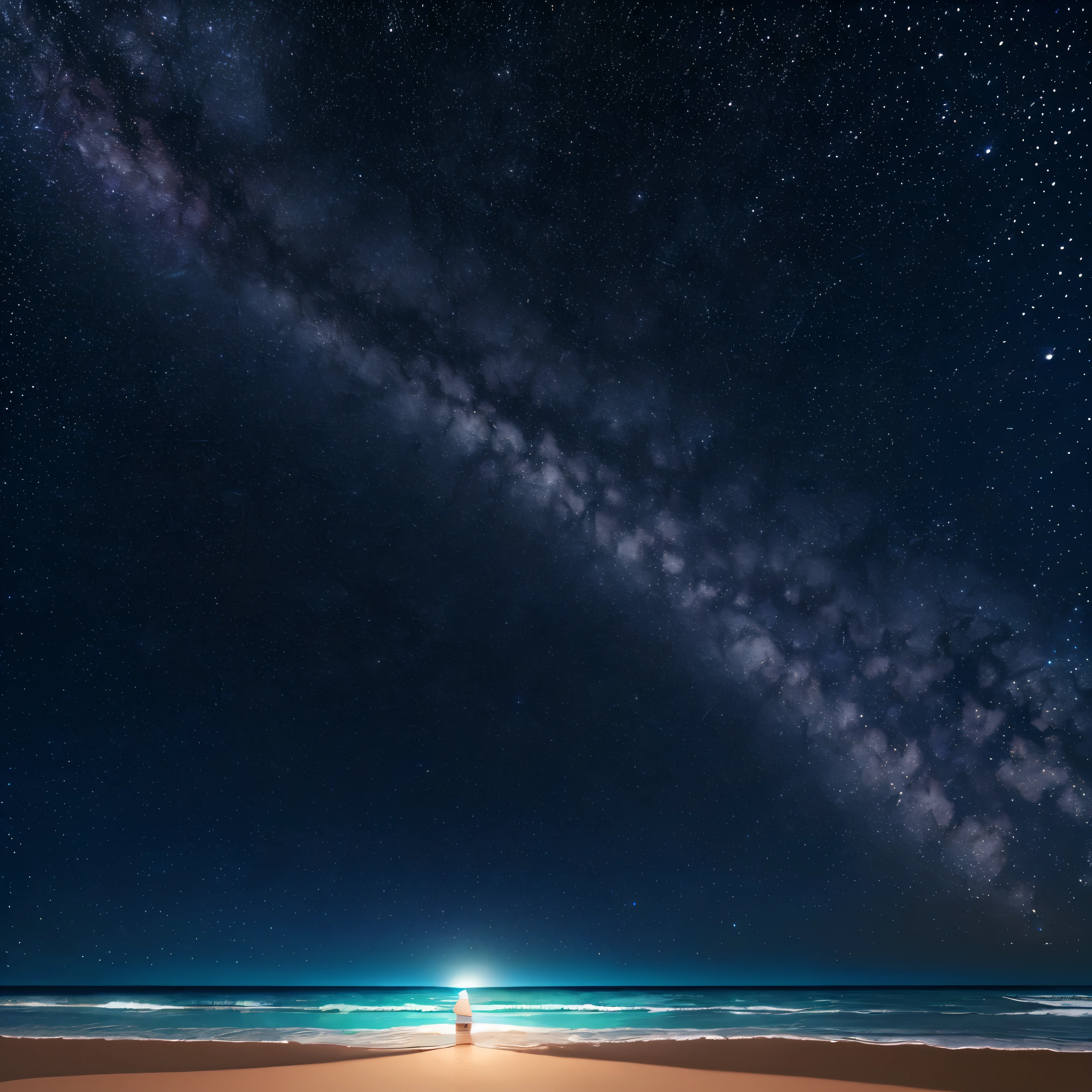 (best quality,highres,ultra-detailed,realistic:1.37),professional,vivid colors,bokeh,extreme detail,moonlit summer night by the beach,serene and calm waves,soft sandy shore,glistening stars above,the Milky Way shimmering