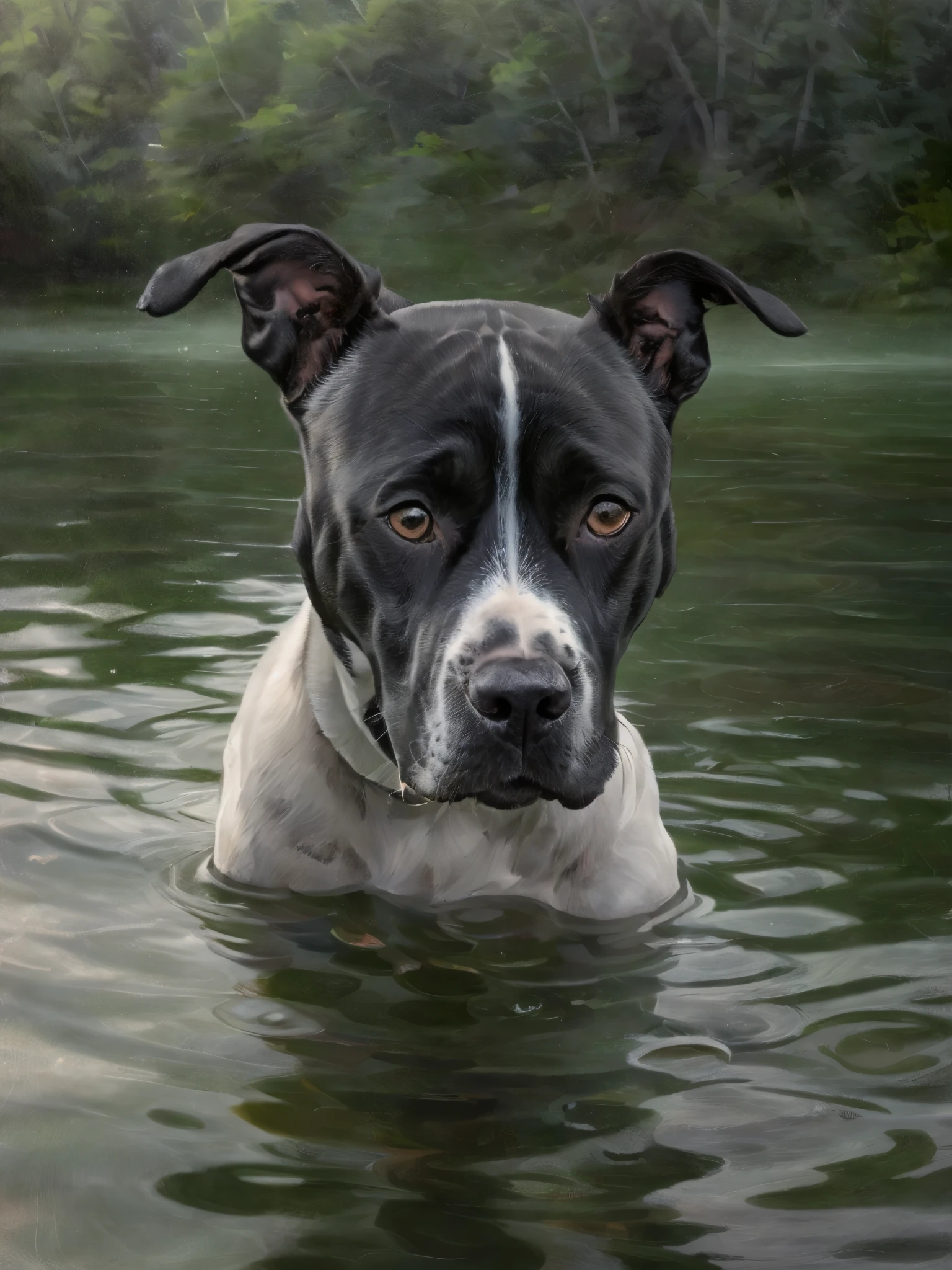 Photograph of a black and white pitbull terrier with puppy dog eyes dog paddling in the lake., depth of field, cinematic lighting, reflection light, UHD, masterpiece, anatomically correct, super detail, 8k