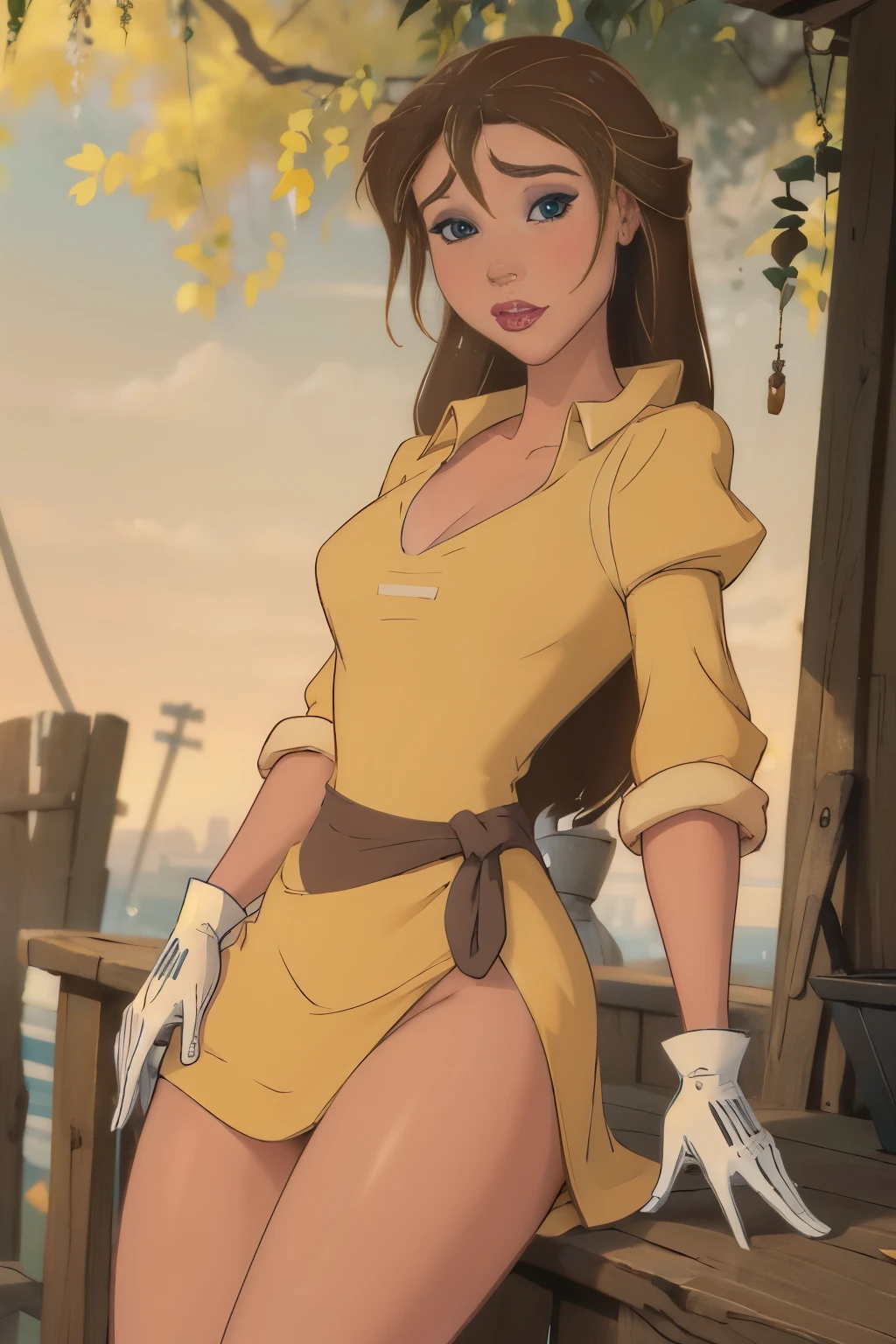 Masterpiece, ultra detailed, best quality, 8k, pikkyjane,1girl,solo,looking at viewer,brown hair,long hair,blue eyes,breasts,medium breasts,gloves,dress,makeup,yellow short dress low chest ,white gloves,lipstick,big thighs