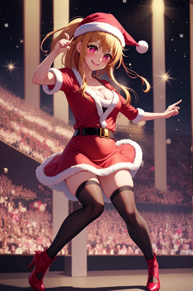 anime, beautiful face, highly detailed face, 2 accurate legs, pink detailed eyes, highly detailed background, perfect lighting, accurate arms, accurate hands, accurate fingers, full body, 1girl, solo, ruby hoshino, oshi no ko, female santa, sexy santa outfit, santa hat, heels, thighhighs, garter stockings, absurdres, high res, ultrasharp, 8K, masterpiece, looking at viewer, (dancing pose:1.3), (full body:1.4), Christmas concert, Christmas idol, performing on stage, crowd in the background, smiling with compassion, mouth open smile, full of delight, blushed, cleavage, sntdrs