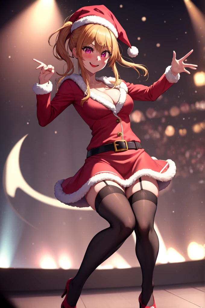 anime, beautiful face, highly detailed face, 2 accurate legs, pink detailed eyes, highly detailed background, perfect lighting, accurate arms, accurate hands, accurate fingers, full body, 1girl, solo, ruby hoshino, oshi no ko, female santa, sexy santa outfit, santa hat, heels, thighhighs, garter stockings, absurdres, high res, ultrasharp, 8K, masterpiece, looking at viewer, (dancing pose:1.3), (full body:1.4), Christmas concert, Christmas idol, performing on stage, crowd in the background, smiling with compassion, mouth open smile, full of delight, blushed, cleavage, sntdrs