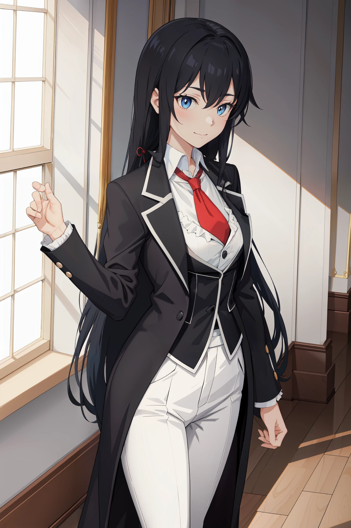 Yukinoshita yukino ,woman in formal attractive tailcoat standing in a large alcove in the room , 1girl, solo, blue necktie, black hair, blue eyes, long hair, smile , collared shirt, white pants, white shirt , tailored tailcoat elegant , standing in front of a window ,tailcoat tailored to perfection. Featuring striking Victorian theme and crafted from the lustrous fabric