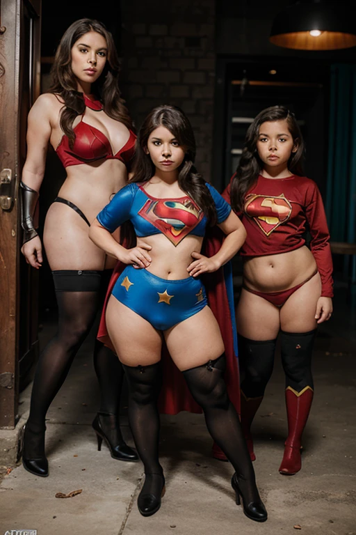 bbw superheroine and superheroine, paralized and defeated , full bodies, sexy, sweat