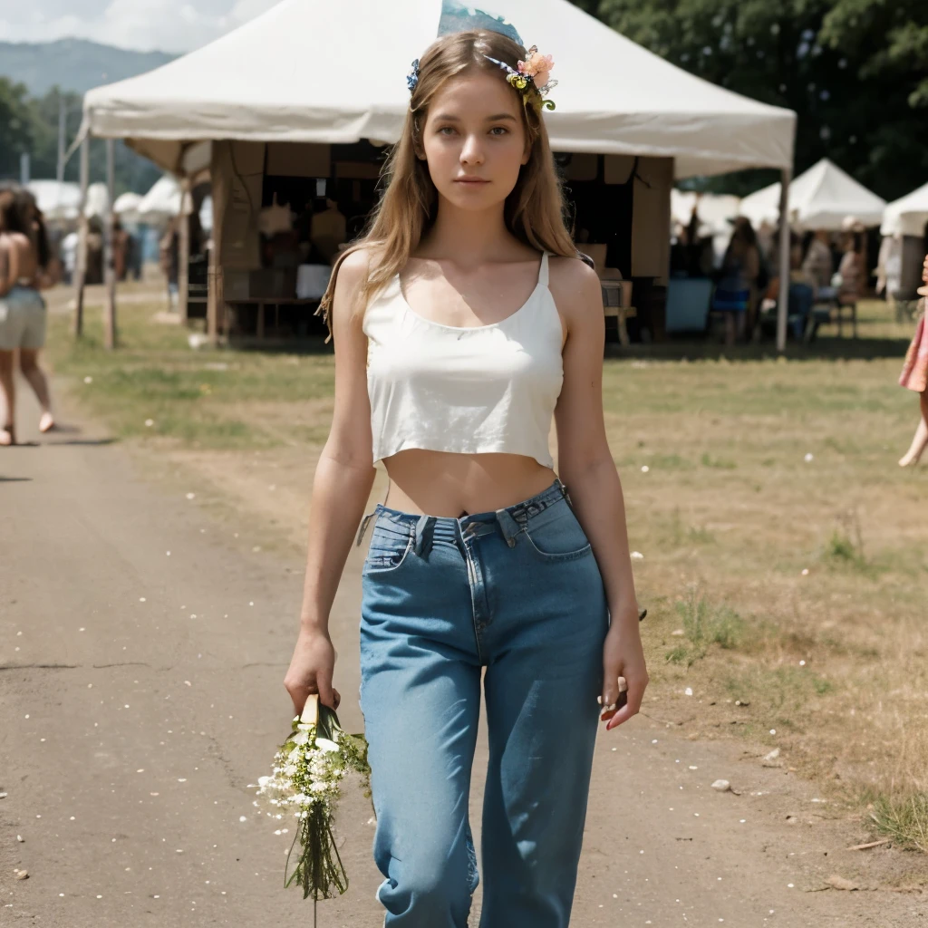 Hippie Girl, lange alternative Jeans, Stil der 60er Jahre, bare feet, ultrarealistisches Gesicht, cropped tank top, she is on a festival, flower girl, hillbillie, love for all