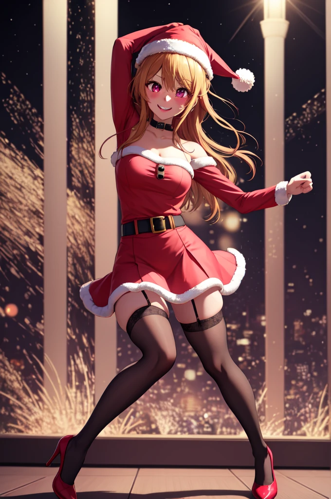 anime, beautiful face, highly detailed face, 2 accurate legs, pink detailed eyes, highly detailed background, perfect lighting, accurate arms, accurate hands, accurate fingers, full body, 1girl, solo, ruby hoshino, oshi no ko, female santa, sexy santa outfit, santa hat, heels, thighhighs, garter stockings, absurdres, high res, ultrasharp, 8K, masterpiece, looking at viewer, (dancing pose:1.3), (full body:1.4), Christmas concert, Christmas idol, performing on stage, crowd in the background, smiling with compassion, mouth open smile, full of delight, blushed, cleavage, sntdrs
