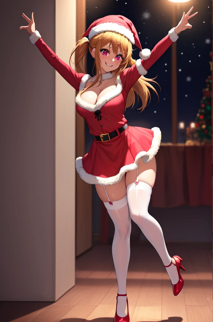 anime, beautiful face, highly detailed face, 2 accurate legs, pink detailed eyes, highly detailed background, perfect lighting, accurate arms, accurate hands, accurate fingers, full body, 1girl, solo, ruby hoshino, oshi no ko, female santa, sexy santa outfit, santa hat, heels, thighhighs, garter stockings, absurdres, high res, ultrasharp, 8K, masterpiece, looking at viewer, (dancing pose:1.3), (full body:1.4), Christmas concert, Christmas idol, performing on stage, crowd in the background, smiling with compassion, mouth open smile, full of delight, blushed, cleavage, sntdrs