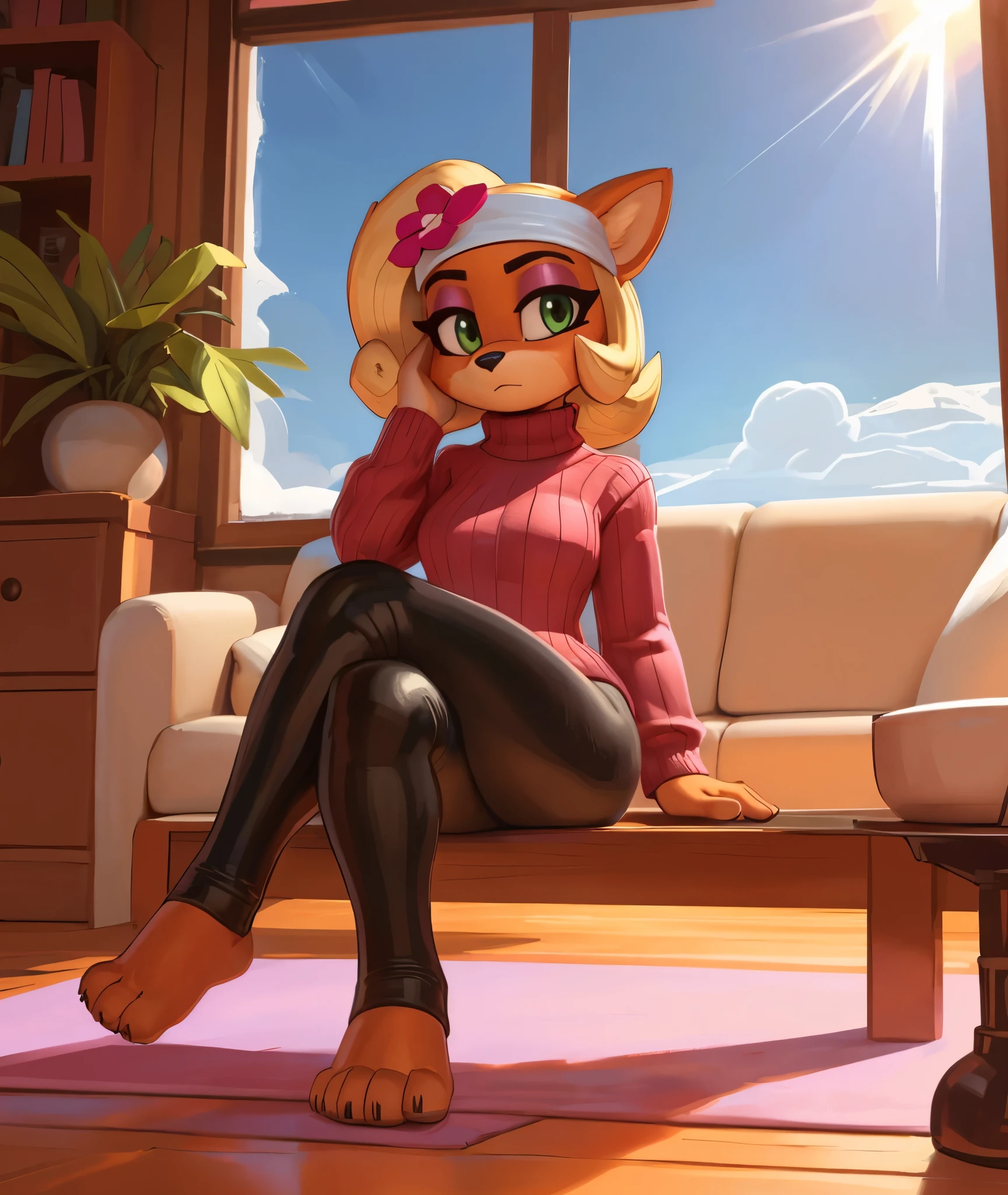 [Coco bandicoot], [Uploaded to e621.net; (Pixelsketcher), (wamudraws)], ((masterpiece)), ((HD)), ((solo portrait)), ((full body)), ((front view)), ((furry; anthro)), ((detailed fur)), ((detailed shading)), ((beautiful render art)), ((feet visible)), ((intricate details)), {anthro; orange fur, black nose, (cute green eyes), (short eyelashes), (pink eyeshadow), blonde curly hair, curly ponytail, (curvy hips), (beautiful legs), (beautiful feet), (tired expression), (expressionless)}, {(pink turtleneck sweater), (tight black spandex yoga pants pink lines), (bell-bottom yoga pants), (white headband), (pink flower on head)}, {(on table), (crossed legs), (looking at viewer)}, [background; (living room), (window), (tropical forest), (snow), (blue sky), (cloudy), (sun rays), (ambient lighting)]
