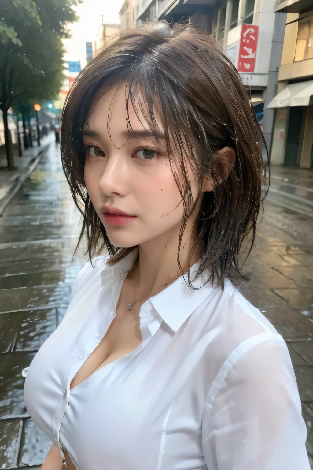 ((Best Quality, 8K, Masterpiece: 1.3)), Sharp: 1.2, Perfect Body Beauty: 1.4, Slim Abs: 1.2, ((Layered Hairstyle, Big Breasts: 1.2)), (Wet White Button Long Shirt: 1.1), (Rain, Street: 1.2), Wet: 1.5, Highly detailed face and skin texture, detailed eyes, double eyelids, side face looking at the camera