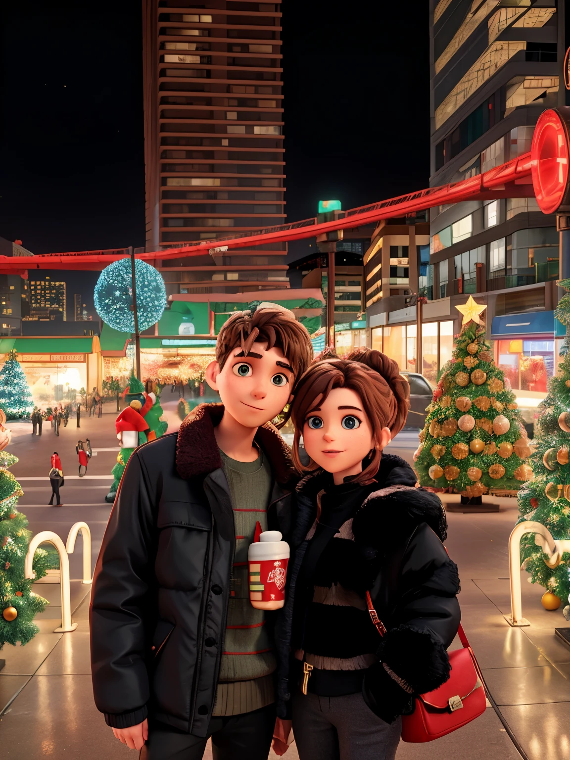 there is a man and woman standing in front of a christmas tree, male on left 27 years old with brown hair and eyes wearing black puffer jacket and a shirt under it. Female on the right 20 years old yearing black fur jacket and red bag females hand on makes chest. at future neon light rooftop,, city in the background, city lights in the background, christmas vibes