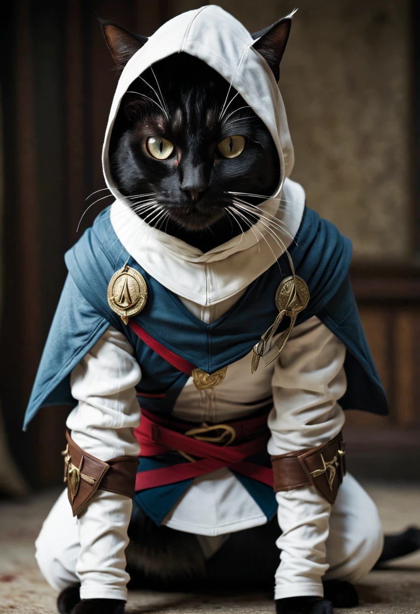 cat wearing an assassin's creed suit.