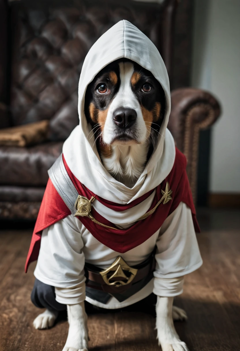 dog wearing an assassin's creed suit.