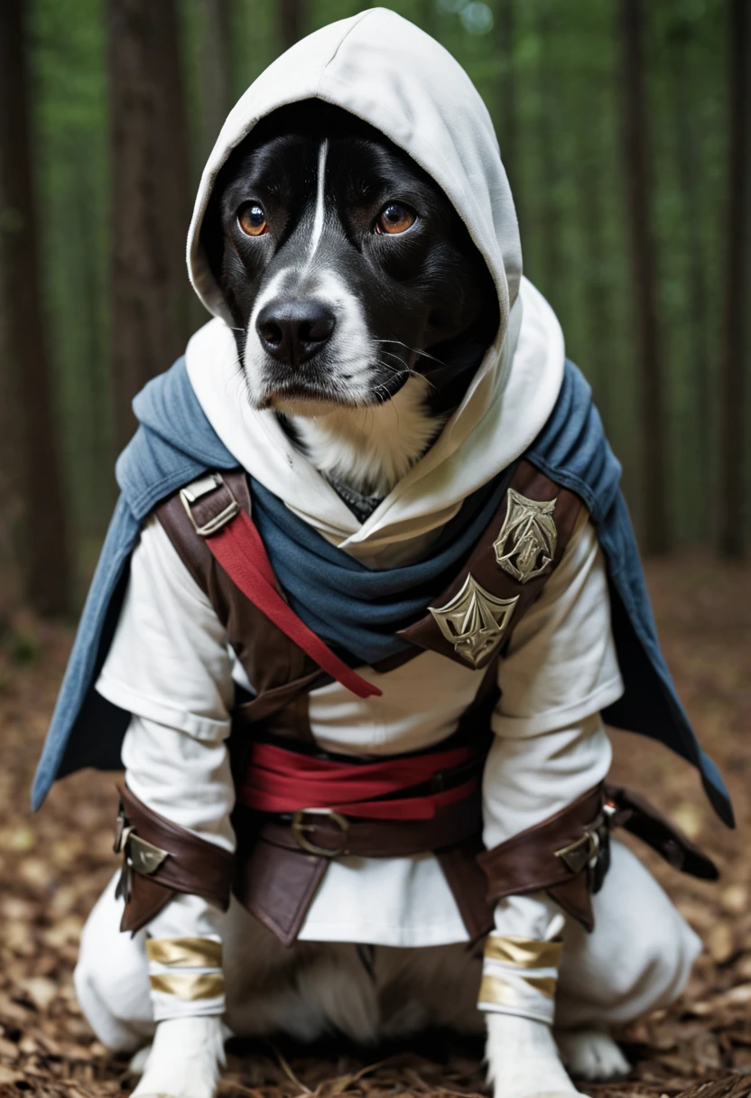 dog wearing an assassin's creed suit.