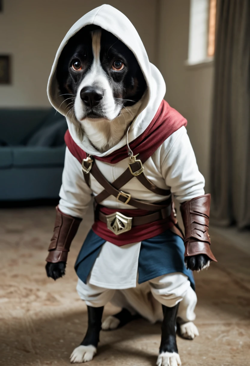 dog wearing an assassin's creed suit.