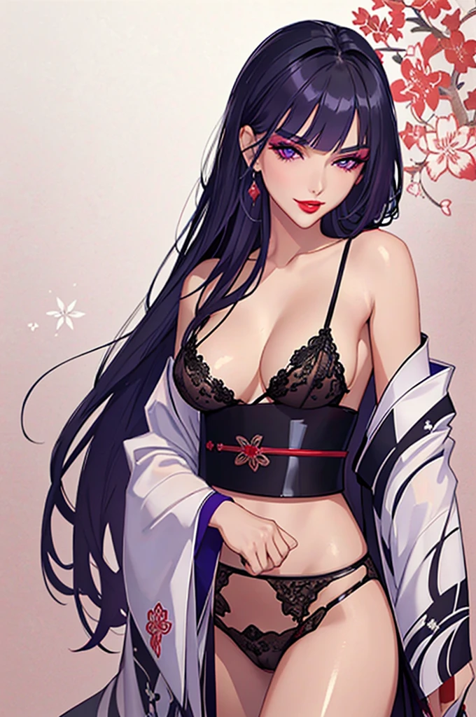 1girl,a beautiful fashion model ,(masterpiece, detailed background, best quality),long and shiny hair, black hair,smirk,juicy lips,red lips, lingerie, stripping, elegant makeup, exhibitionism, thot, slutty makeup, PersonukikoAmagi, katana, open kimono, raiden mei