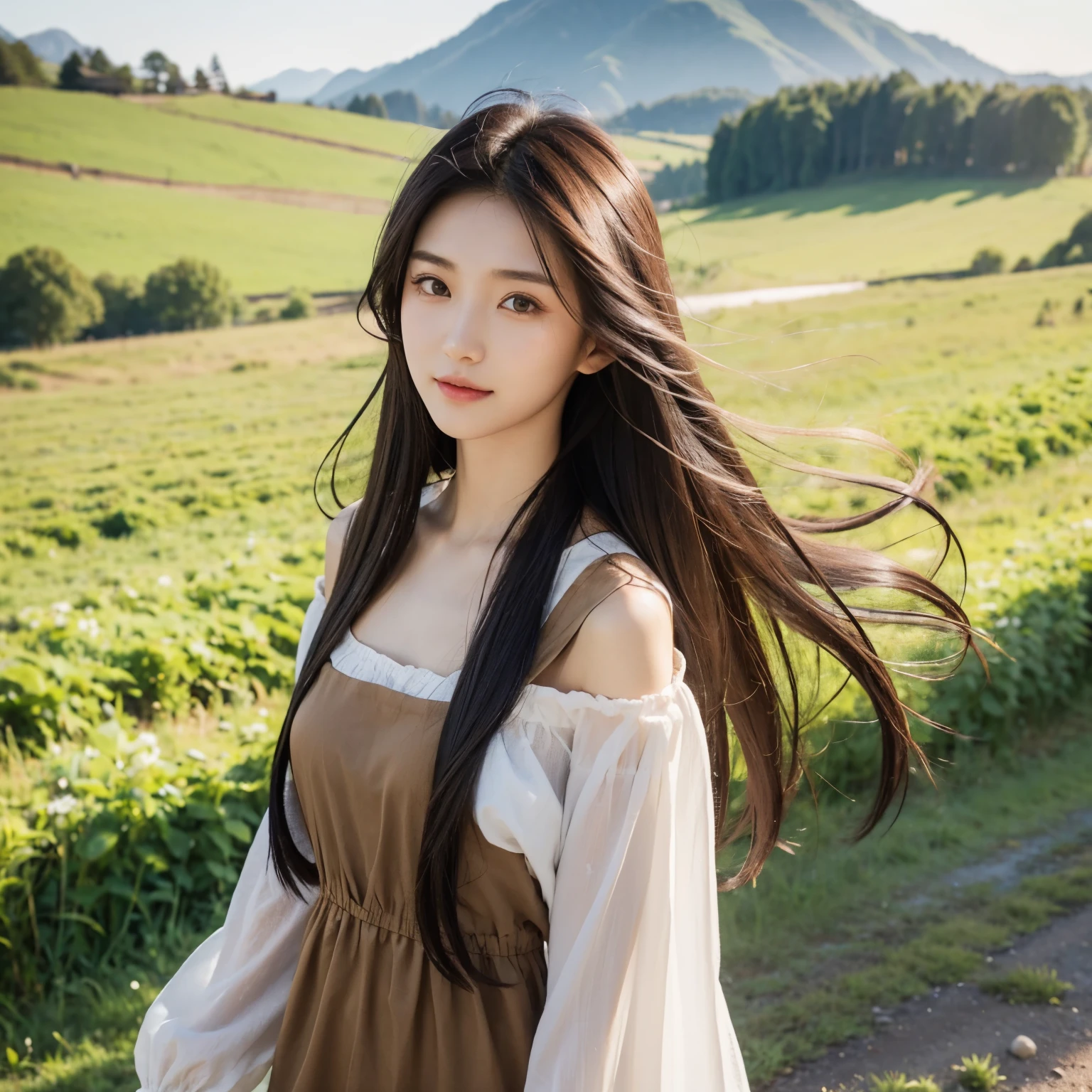 Girl 20 years old, Slender, medium chest size, long black hairsh, Loose hairsh, hairsh, Developing in the wind, Brown eyes, Rustic brown dress,Looking straight ahead, Rural Clothing, summer, countryside,Rustic cabins, little smile,hair blowing in the wind
