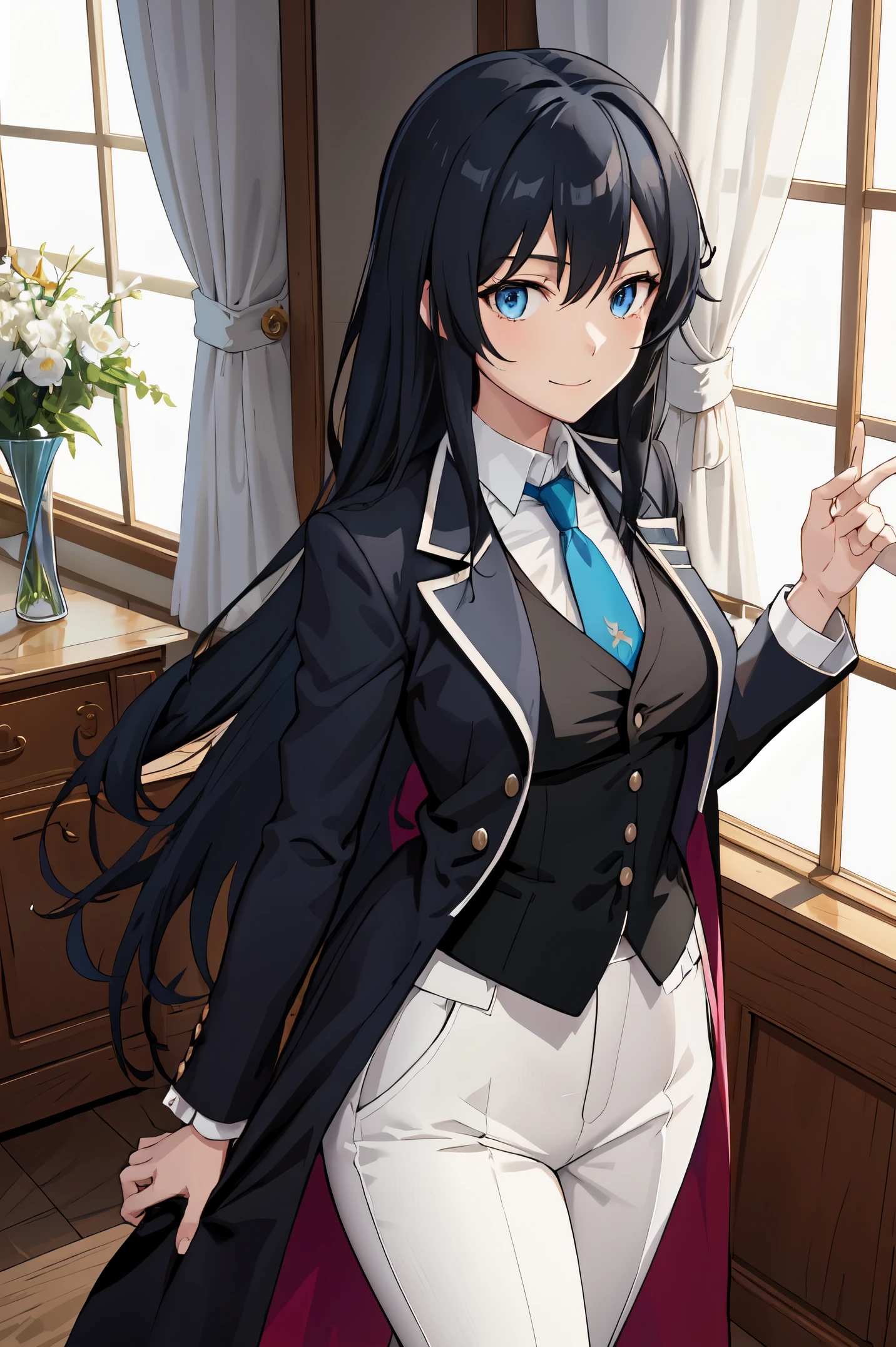 Yukinoshita yukino ,woman in formal attractive tailcoat standing in a large alcove in the room , 1girl, solo, blue necktie, black hair, blue eyes, long hair, smile , collared shirt, white pants, white shirt , tailored tailcoat elegant , standing in front of a window ,tailcoat tailored to perfection. Featuring striking Victorian theme and crafted from the lustrous fabric