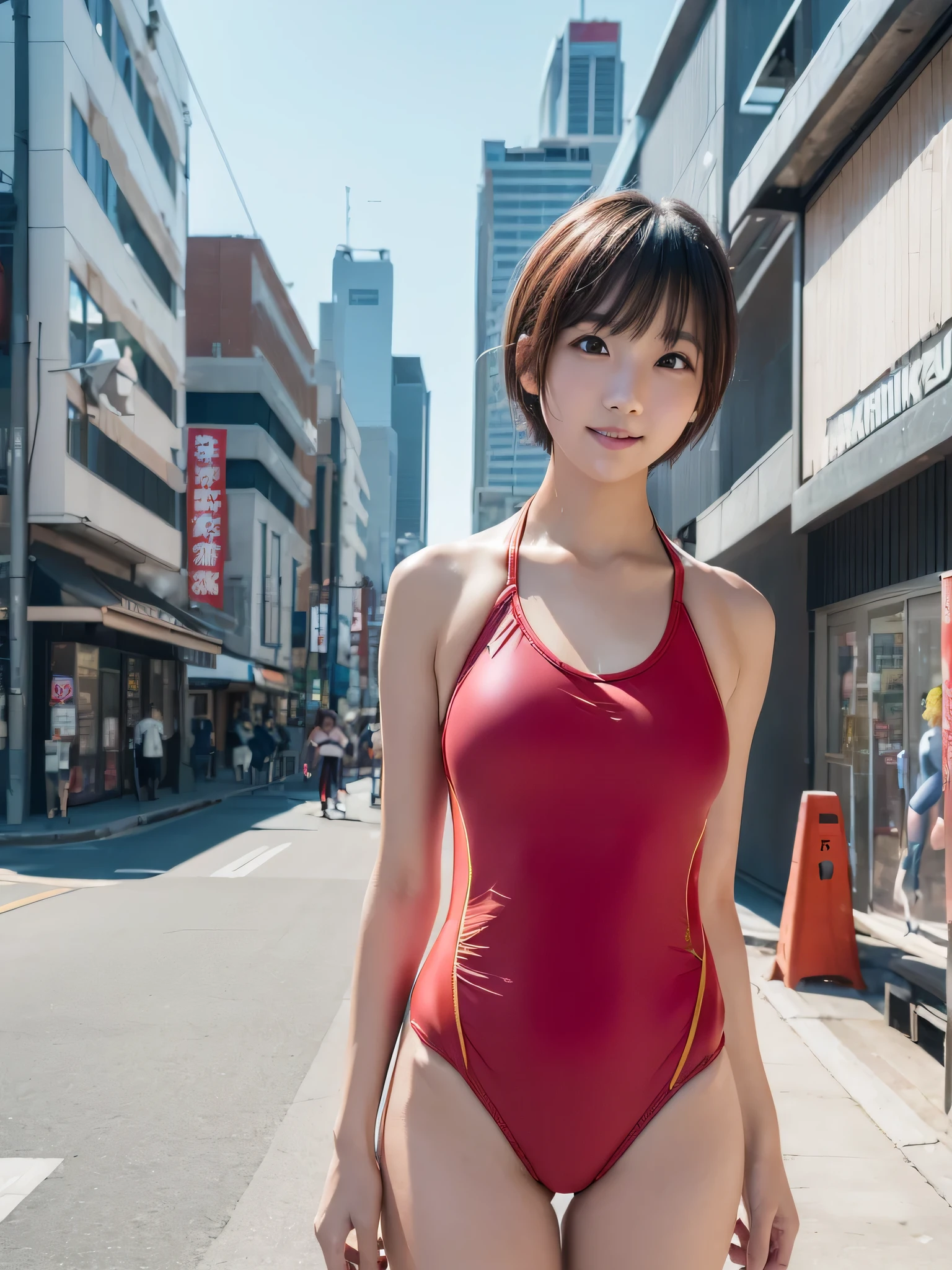 (Vermilion competitive swimsuit:1.6) 

BREAK,

 ((Empty cityscape:1.5))、(Empty cityscape:1.5)、The state of the store、akihabara、Shinjuku、(akihabara:1.2)

BREAK,

(独奏)、1girl with、girl with、Super beauty、(Full body like:1.2)、japanes、(thighs gap:1.4)、A smile:1.4、 University、cute little女子高生、(short-hair:1.5)、Detailed Realistic、Skin Texture、(realistic human skin texture:1.6)、Front view View viewer、(perfect body type)、Detailed and complex、natural soft light、Daytime、in street、deep-shadows、cute little、I am 21 years old、dynamicposes、portrait break is,


ultra best quality、​masterpiece、超hight resolution、depth of fields、(Photorealsitic:1.4)、(awardwinning photo、信じられないほどの​masterpiece:1.5) 、Raw photography、the golden ratio、the Extremely Detailed CG Unity 8K Wallpapers、Original、hight resolution、Raw foto、(some background blur:1.6)、(some background blur:1.6)、Digital SLR、softlighting、SIGMA 85 mm F/2.8、50mm Lenac lighting、nffsw、hyper realstic、Color Grade