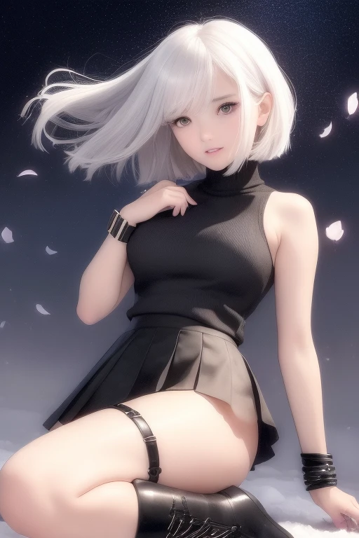 (Short flowy haircut) , cute medium side bangs, ((white hair)), galaxy scenery background, (starry evening sky), ultra detailed, young Japanese woman, (wearing elegant bracelet) , ((wearing thick thigh strap)), beautiful face, ((wearing a bright sleeveless turtleneck winter sweater)), ((pleated skirt)), ((hair flowing beautifully in the wind)) , perfect smooth legs, (hand on chest) , (((contrast rich rim lighting from both sides))) , ((very short golden finger nail polish)), (laced up boots with high heels) , perfect eyes, firm large sized breast, crossed arms, thick calves, correct anatomy, tony taka art style, (cherry petals flying in the air by a soft breeze), one leg behind the other ,ultra wide angle view,  jewellery, ((cinematic dof)), underwear, (((girly posing))), (blushing face)