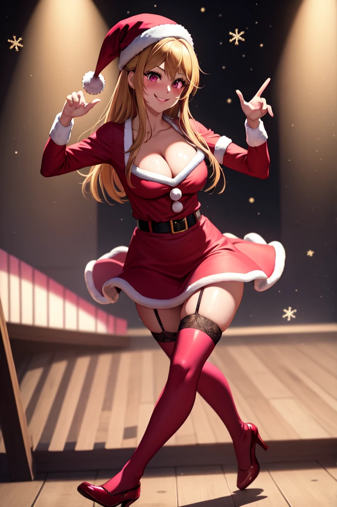 anime, beautiful face, highly detailed face, 2 accurate legs, pink detailed eyes, highly detailed background, perfect lighting, accurate arms, accurate hands, accurate fingers, full body, 1girl, solo, ruby hoshino, oshi no ko, female santa, sexy santa outfit, santa hat, heels, thighhighs, garter stockings, absurdres, high res, ultrasharp, 8K, masterpiece, looking at viewer, (dancing pose:1.3), (full body:1.4), Christmas concert, Christmas idol, performing on stage, crowd in the background, mouth open smile, smiling full of delight, blushed, cleavage, sntdrs