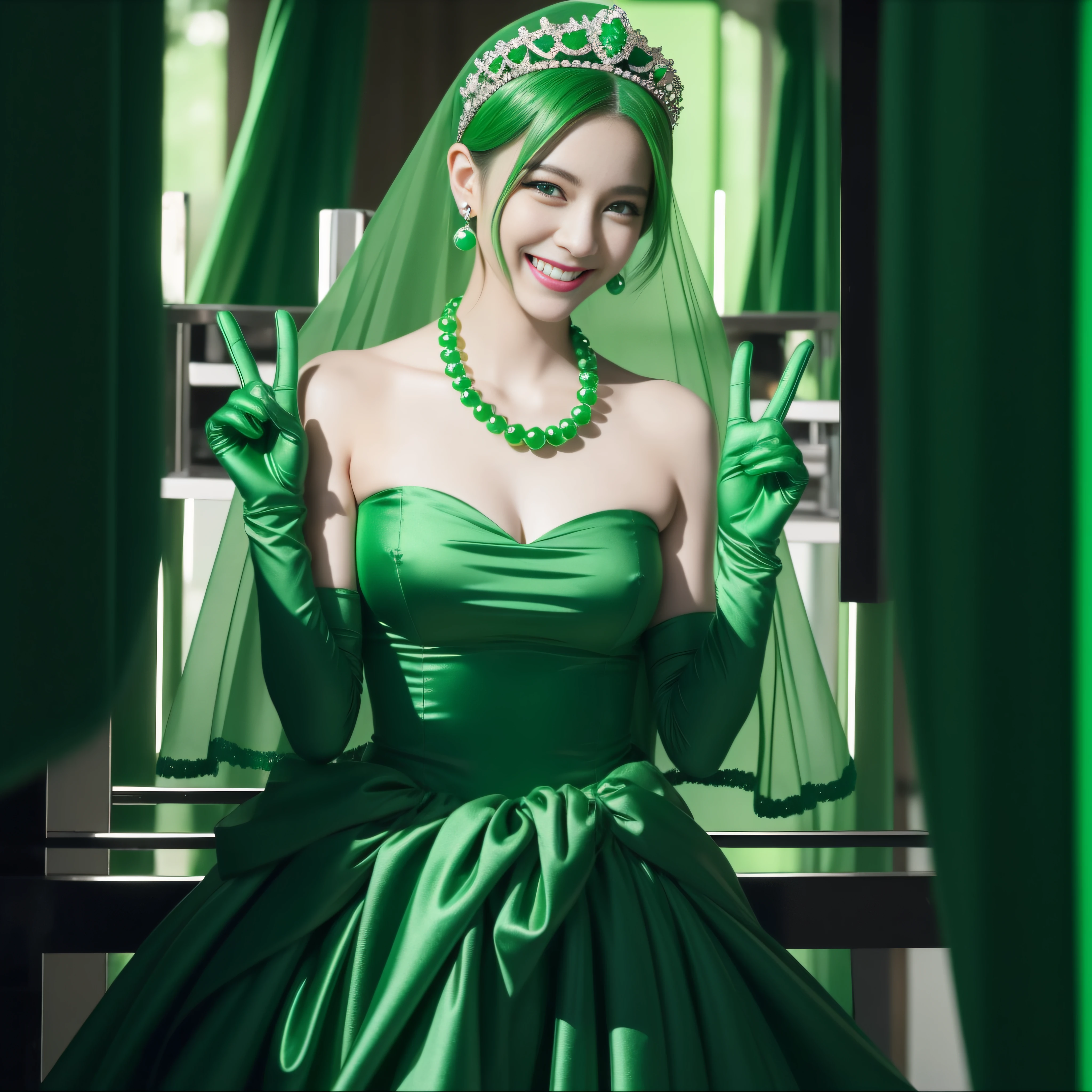 emerald tiara, Green Pearl Necklace, Boyish very short green hair, lipsticks, Japan woman smiling, very short short hair, big breasts beautiful, Green eyes, Long green gloves made of satin material, Green eyes, v sign,両手でv sign, Emerald Earrings, Green hair