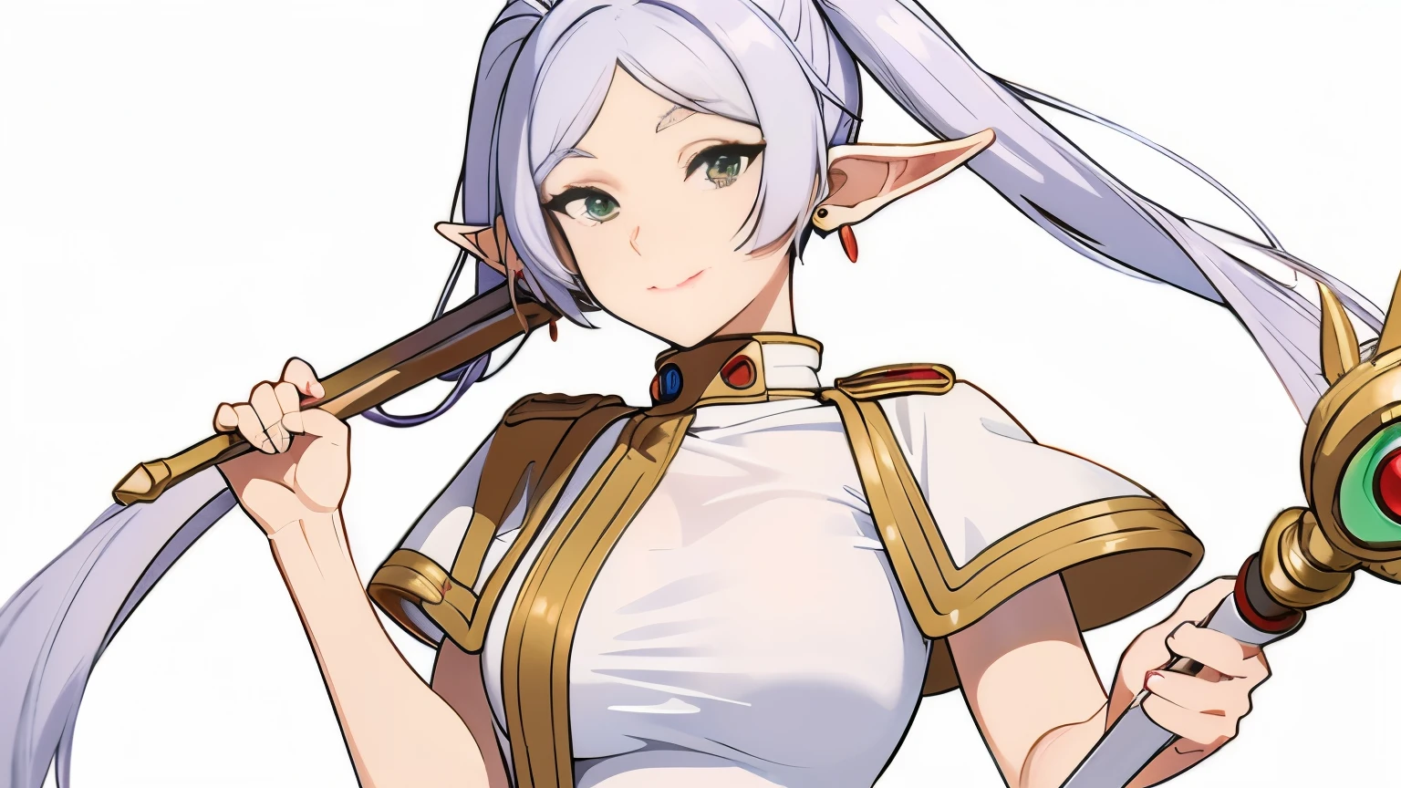 ((masterpiece)), (best quality), highres, ultra-detailed, absurdres,
frieren, 1girl, red earrings, elf, long hair, pointy ears, solo, twintails, green eyes, earrings, white hair, looking at viewer, white mage outfit, tight clothes, white cape, bare shoulders, sexy, white sleeves, standing, full body, big boobs, light smile, side boobs, revealing outfit, perfect body, beautiful face, detailed face, beautiful eyes, detailed eyes, tight cloths, skimpy outfit, mage staff