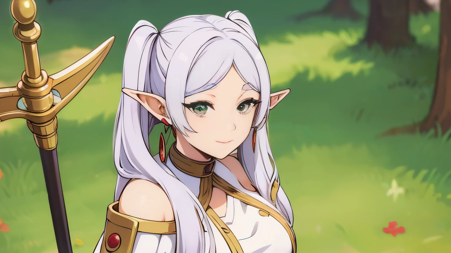 ((masterpiece)), (best quality), highres, ultra-detailed, absurdres,
 frieren, 1girl, red earrings, elf, long hair, pointy ears, solo, twintails, green eyes, earrings, white hair, looking at viewer, white mage outfit, tight clothes, white cape,  bare shoulders, sexy, white sleeves, standing, full body, big boobs, light smile, side boobs, revealing outfit, perfect body, beautiful face, detailed face, beautiful eyes, detailed eyes, tight cloths, skimpy outfit, mage staff