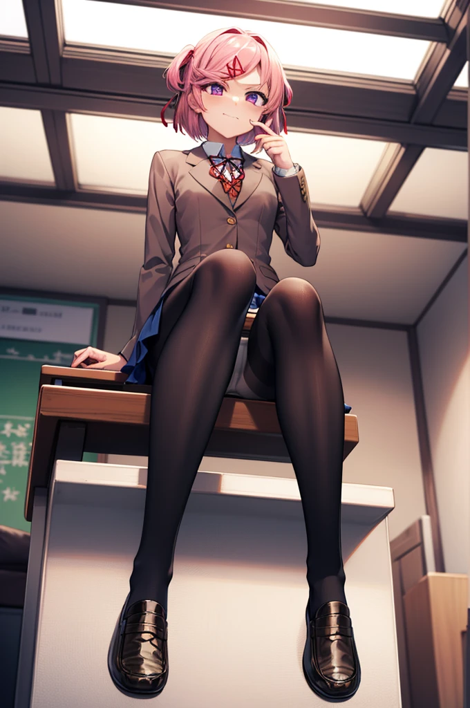 ((full body:1.4)), ddlcnatsuki, ddlcnatsuki, fang, hair ornament, pink hair, (purple eyes:1.1), short hair, short sidetail, swept bangs, x hair ornament, BREAK blazer, blue skirt, brown jacket, collared shirt, jacket, long sleeves, miniskirt, neck ribbon, pleated skirt, red ribbon, ribbon, school uniform, shirt, skirt, swept bangs, vest, white shirt, wing collar, x hair ornament, sitting on sofa, ((black pantyhose:1.4)), ((Brown loafers:1.4)) BREAK looking at viewer, BREAK indoors, classroom, BREAK (masterpiece:1.2), best quality, high resolution, unity 8k wallpaper, (illustration:0.8), (beautiful detailed eyes:1.6), extremely detailed face, perfect lighting, extremely detailed CG, (perfect hands, perfect anatomy), ((smug face:1.4)), ((sky from bellow:1.4)), ((view from below:1.4)), ((show white panties:1.4))