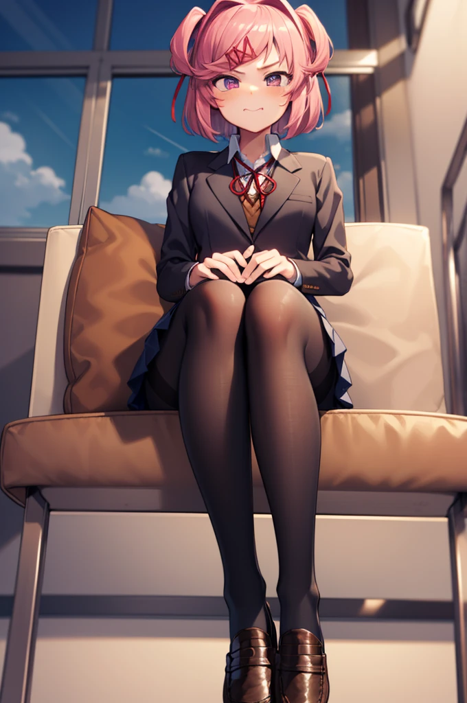 ((full body:1.4)), ddlcnatsuki, ddlcnatsuki, fang, hair ornament, pink hair, (purple eyes:1.1), short hair, short sidetail, swept bangs, x hair ornament, BREAK blazer, blue skirt, brown jacket, collared shirt, jacket, long sleeves, miniskirt, neck ribbon, pleated skirt, red ribbon, ribbon, school uniform, shirt, skirt, swept bangs, vest, white shirt, wing collar, x hair ornament, sitting on sofa, ((black pantyhose:1.4)), ((Brown loafers:1.4)) BREAK looking at viewer, BREAK indoors, classroom, BREAK (masterpiece:1.2), best quality, high resolution, unity 8k wallpaper, (illustration:0.8), (beautiful detailed eyes:1.6), extremely detailed face, perfect lighting, extremely detailed CG, (perfect hands, perfect anatomy), ((smug face:1.4)), ((sky from bellow:1.4)), ((view from below:1.4)), ((show white panties:1.4))