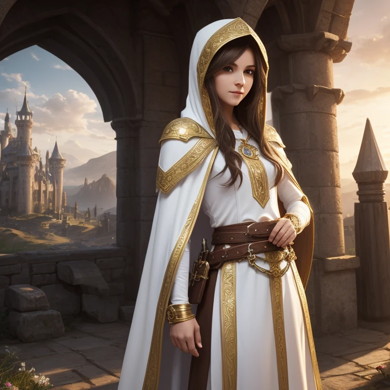 young role-playing style woman brown hair fair skin snub nose wearing white tunic with gold details priestess style cleric with hood on head and innocent expression small silver armor on wrists leather utility belt full body image with landscape background RPG castle sunny day