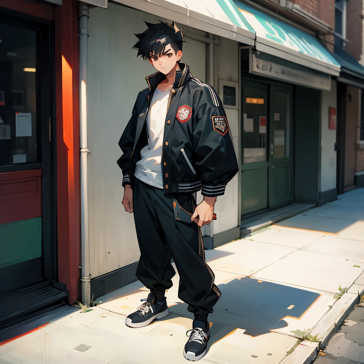 Muscular Build , Black Hair , Gon Hair , Black Letterman Jacket , Baggy Pants,1male , Standing on sidewalk , Teen Male , 1male