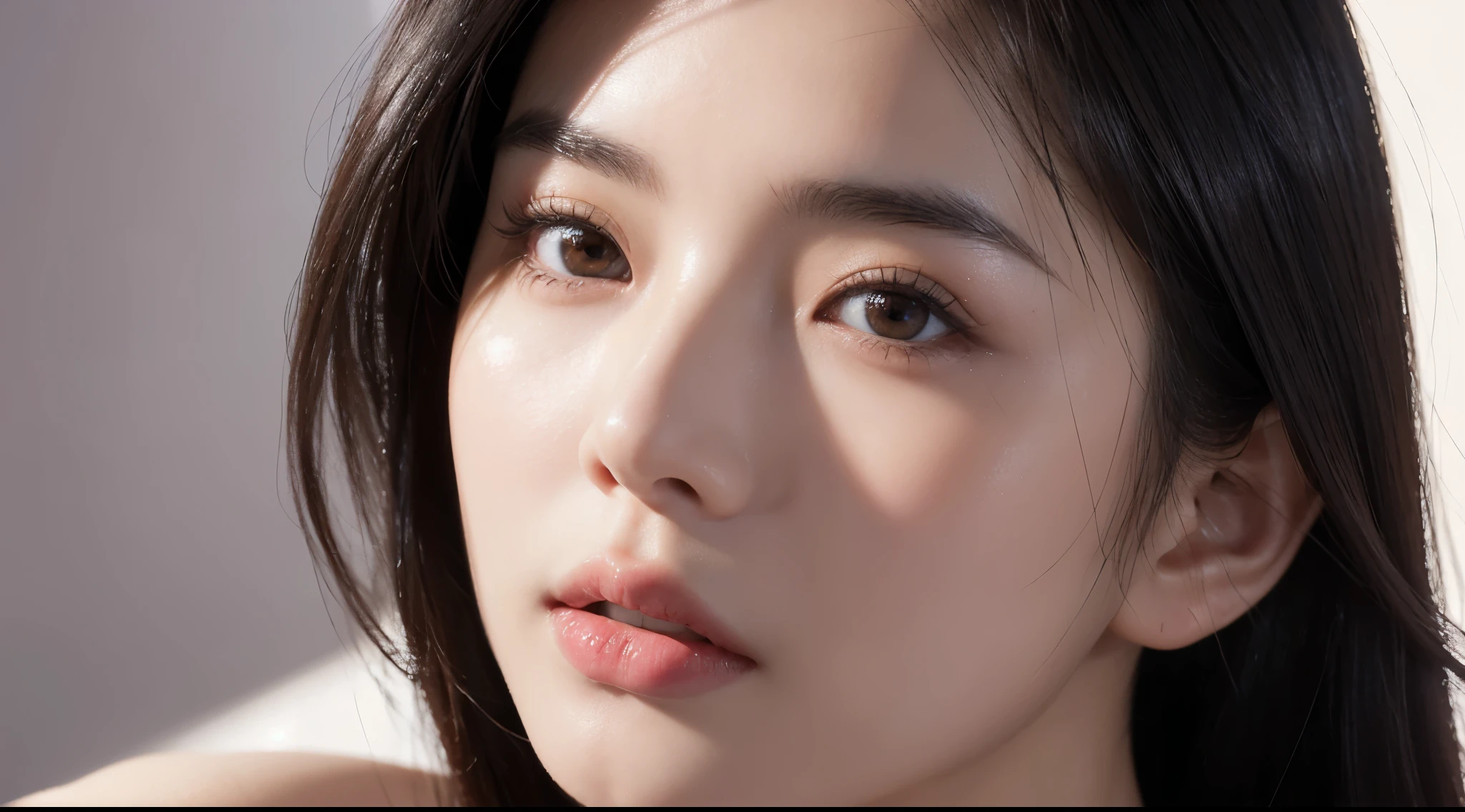 gorgeous Asian woman with dark hair, ((detailed facial features)), (finely detailed skin), pale skin, realistic skin texture, extreme skin details, best quality masterpiece, photorealistic, hyperrealistic, detailed, 8k, HDR, shallow depth of field, broad light, high contrast, backlighting, bloom, light sparkles, chromatic aberration, sharp focus, RAW color photo