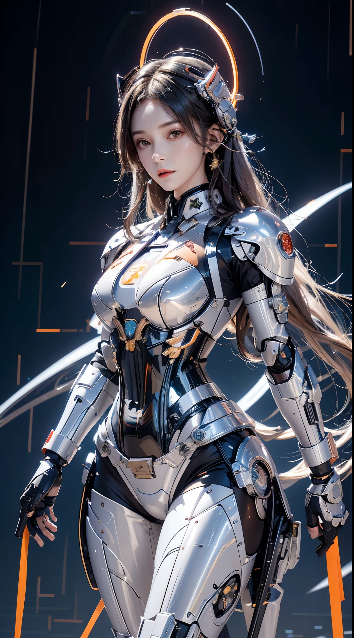 Photorealistic, High resolution, 1womanl, maturefemale, Solo, hips up high, 机器人, mecha musume,Mechanical parts, 机器人 joints,Single mechanical arm, Headgear, Mechanical halo,Star Halo,intricate mechanical bodysuit, mecha corset, full armor, White Mecha Body